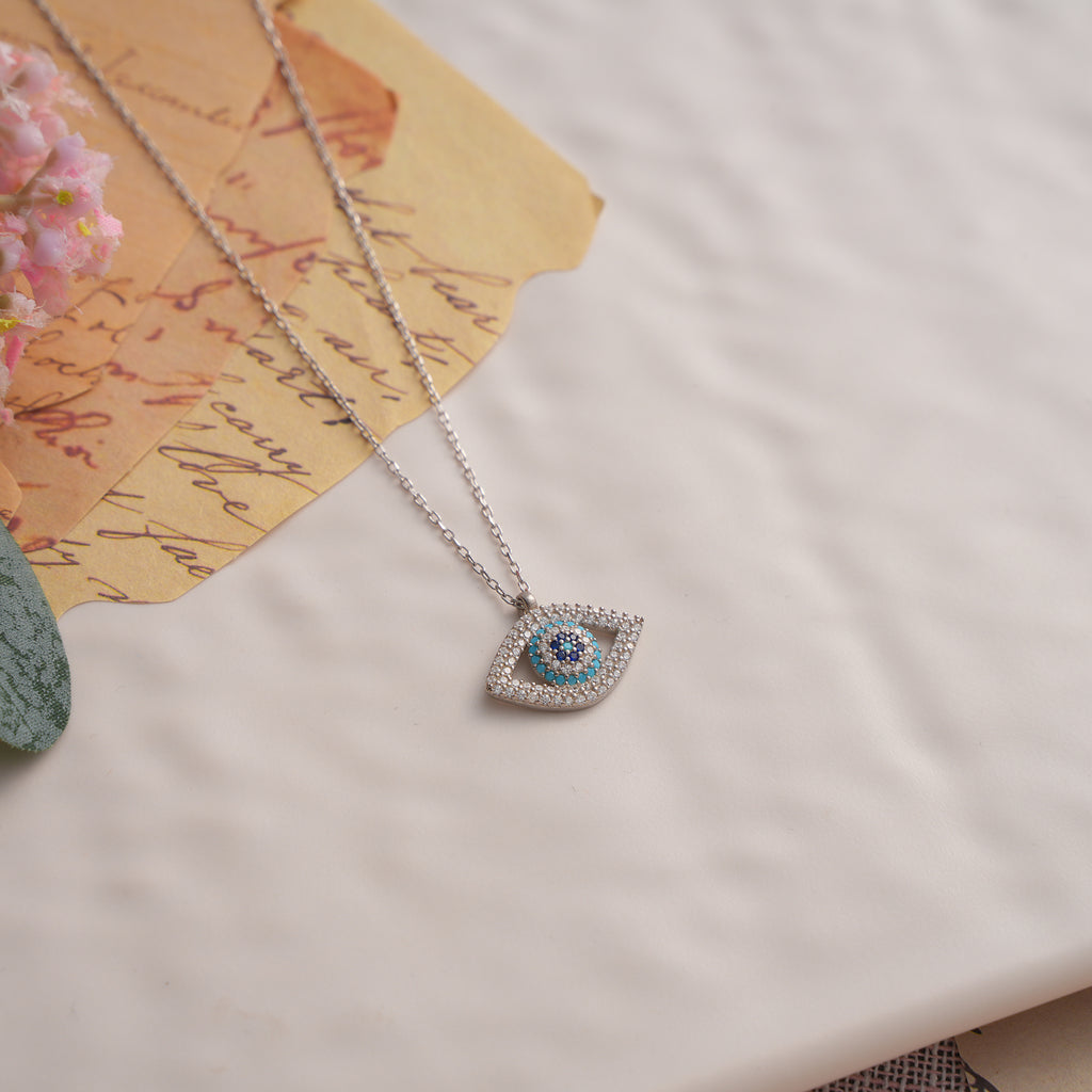 925 Sterling Silver Evil Eye Necklace, Pave CZ Nazar Pendant