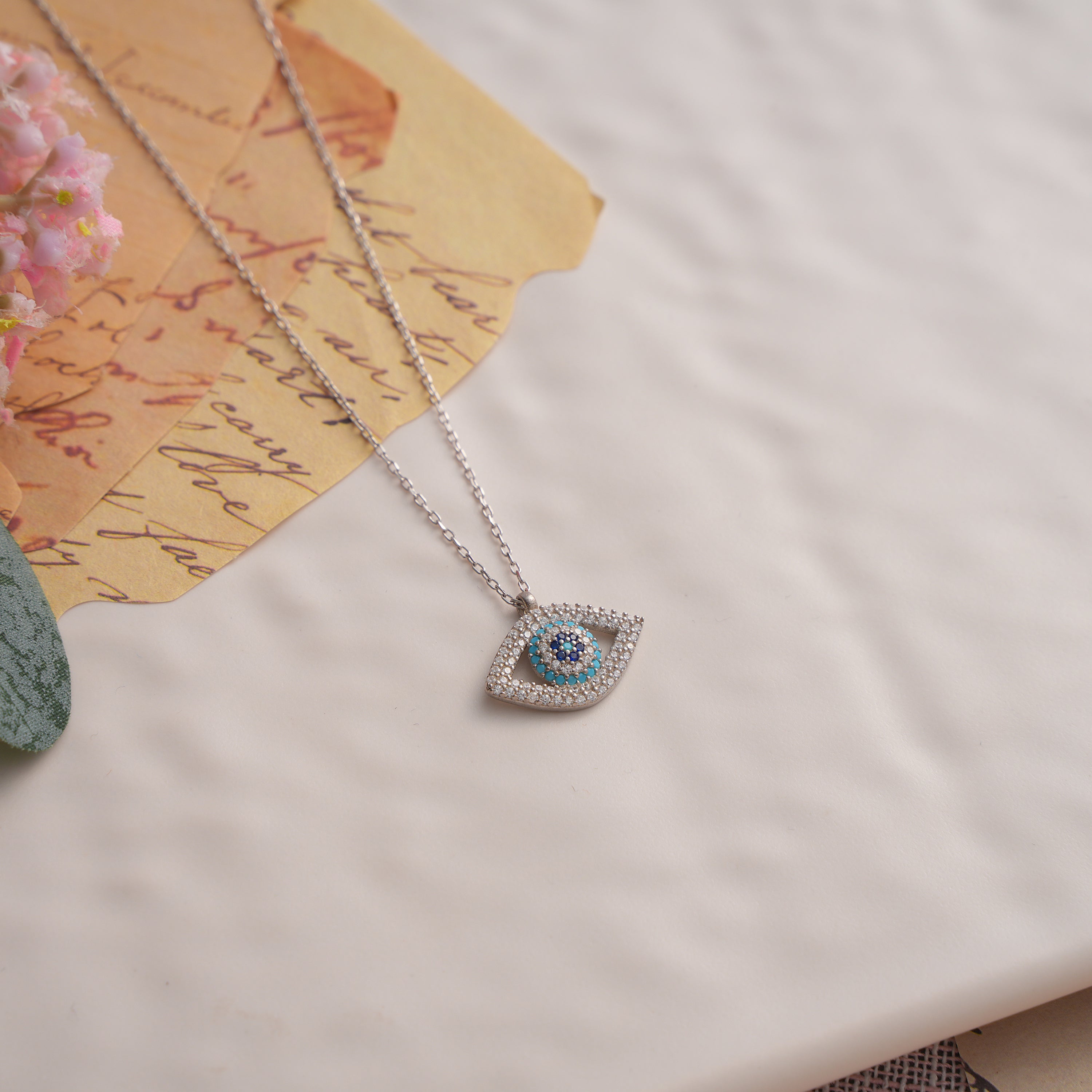 925 Sterling Silver Evil Eye Necklace, Pave CZ Nazar Pendant