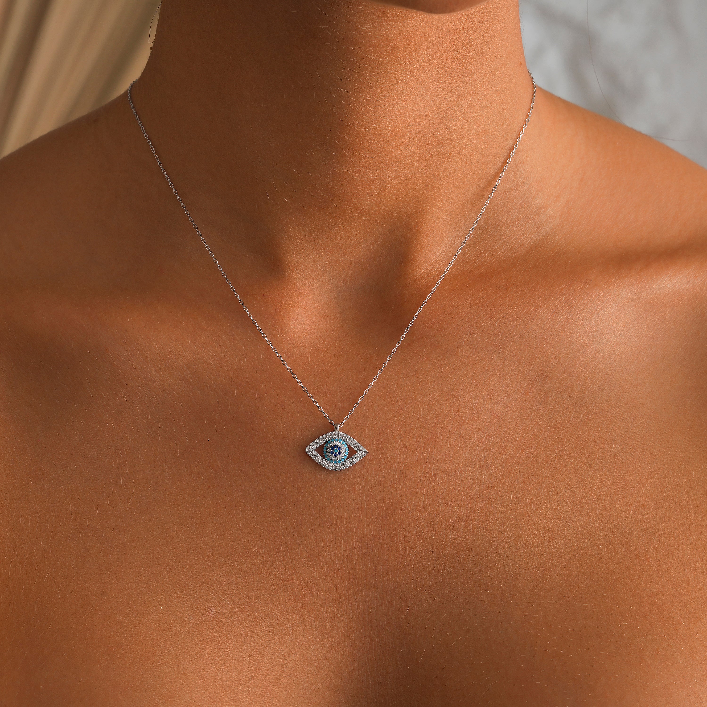 925 Sterling Silver Evil Eye Necklace, Pave CZ Nazar Pendant