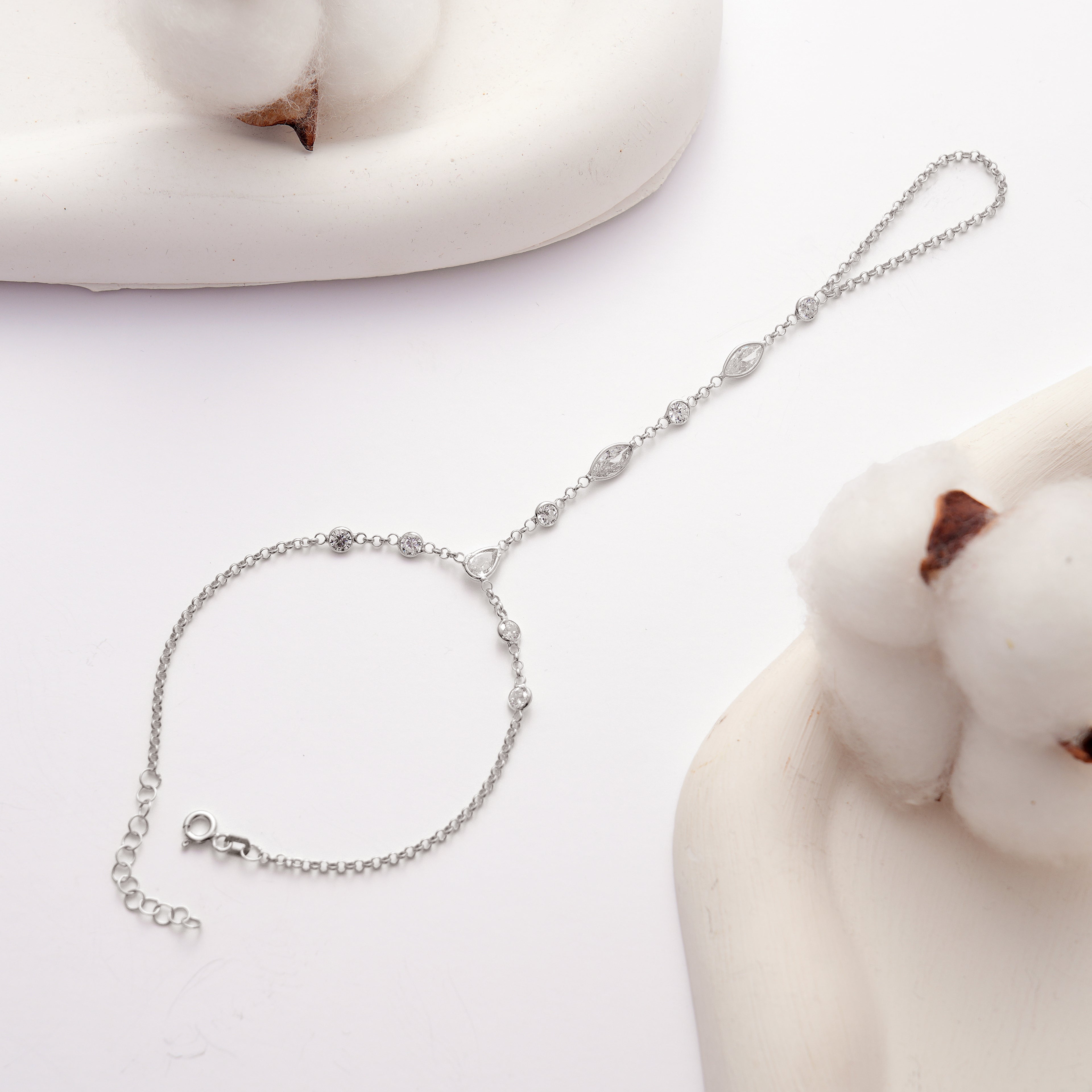 925 Sterling Silver Hand Chain Bracelet with Clear Cubic Zirconia on White Background
