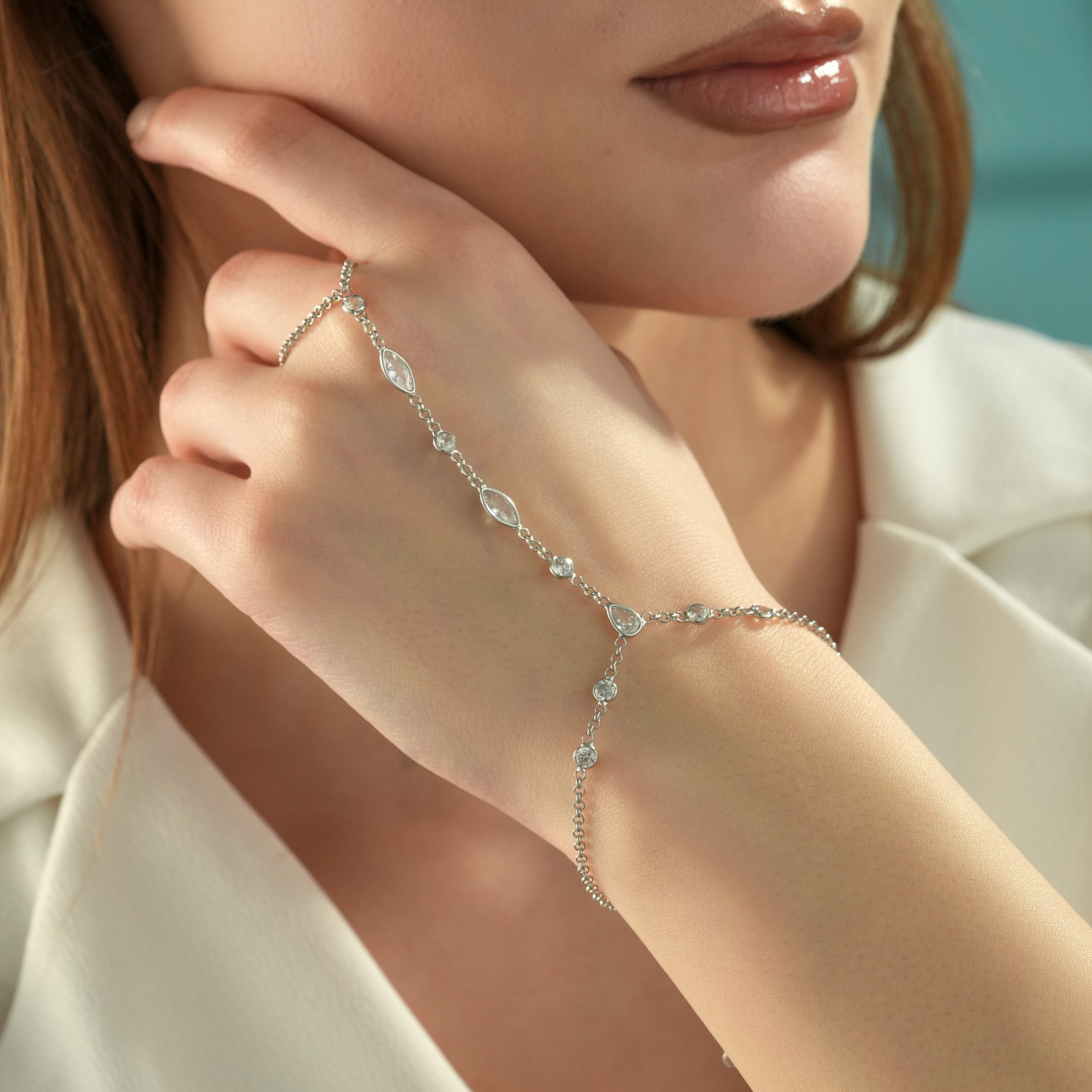 Woman Wearing 925 Sterling Silver Hand Chain Bracelet with Clear Cubic Zirconia