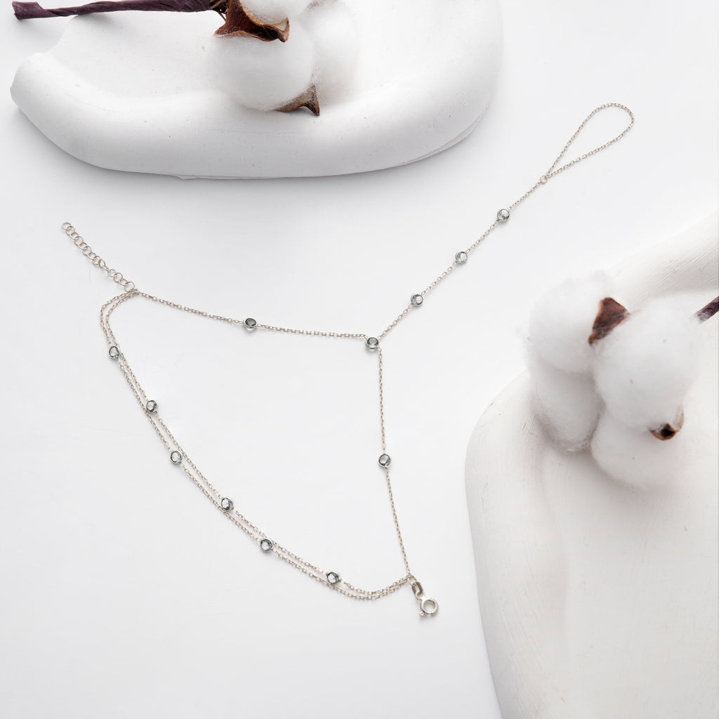 925 Sterling Silver Hand Chain Bracelet, White Color CZ Ring Bracelet