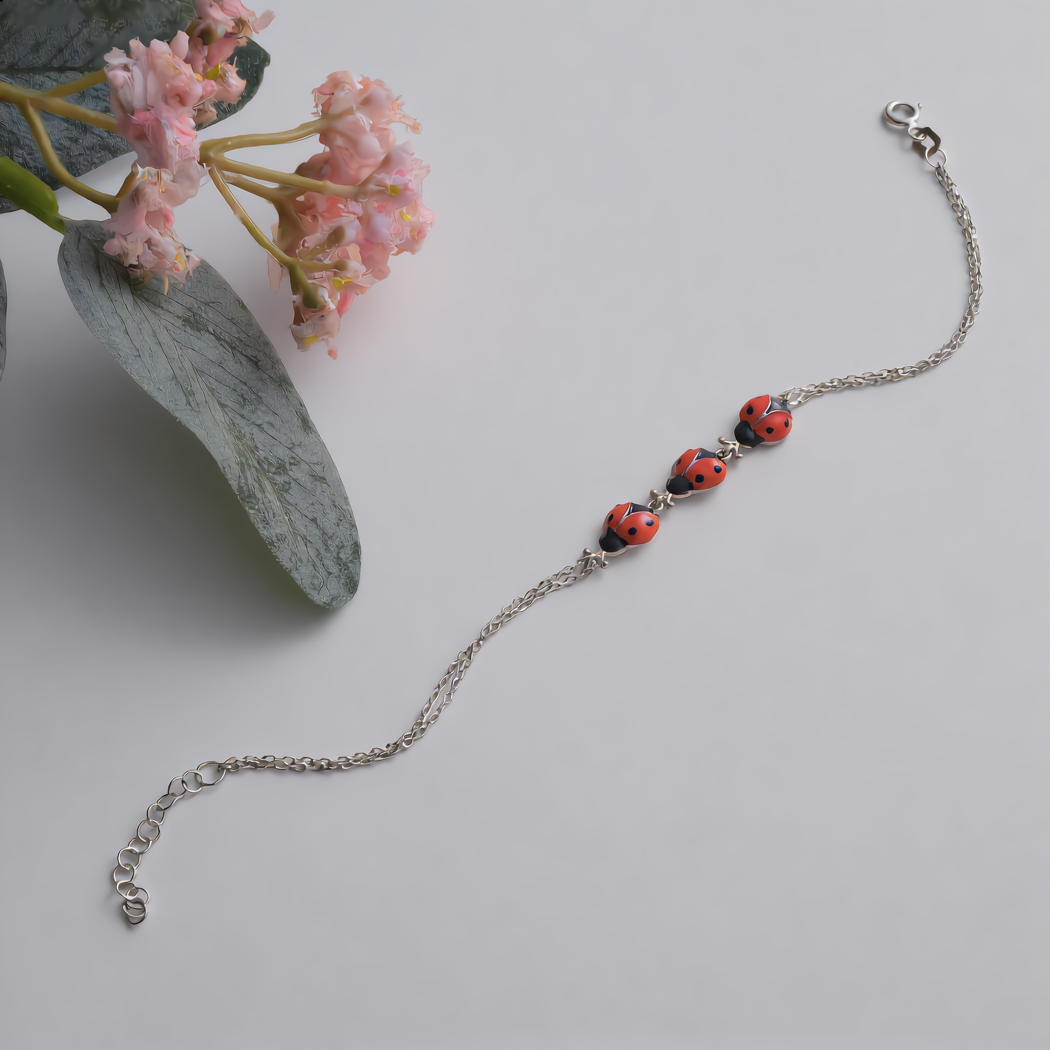 14K Gold Plated Ladybug Bracelet, Enamel Ladybug Charm Bracelet, 925 Sterling Silver