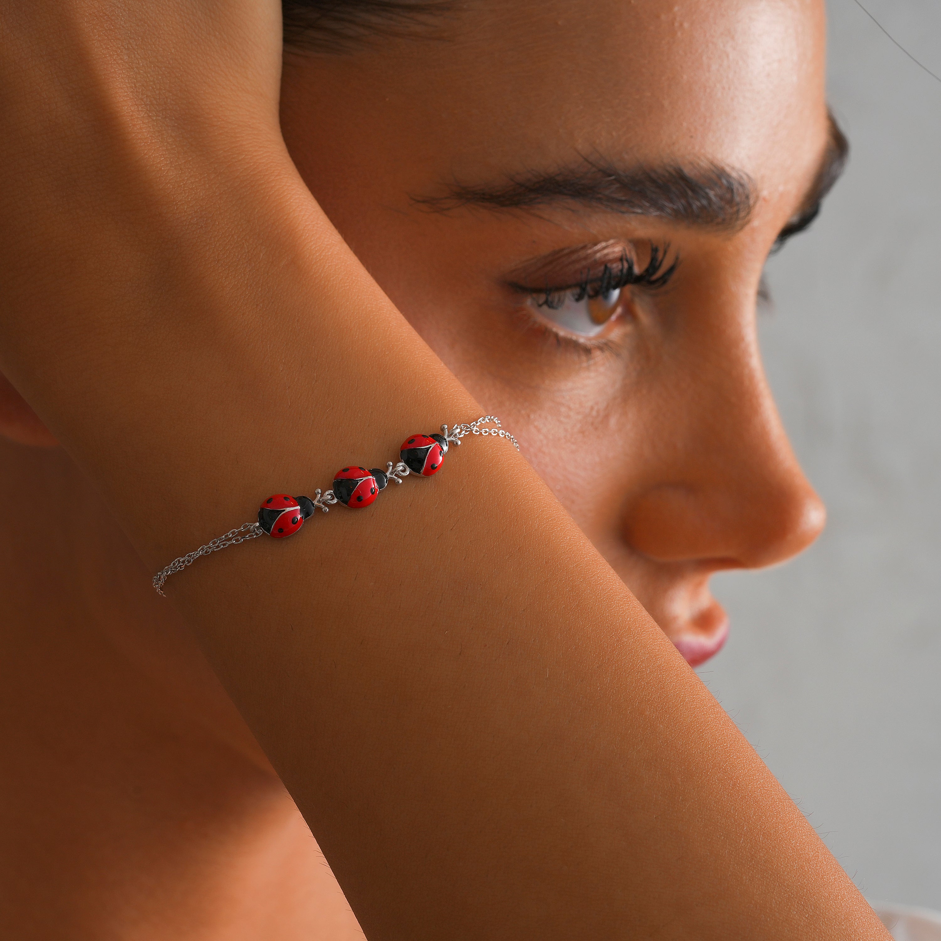 14K Gold Plated Ladybug Bracelet, Enamel Ladybug Charm Bracelet, 925 Sterling Silver