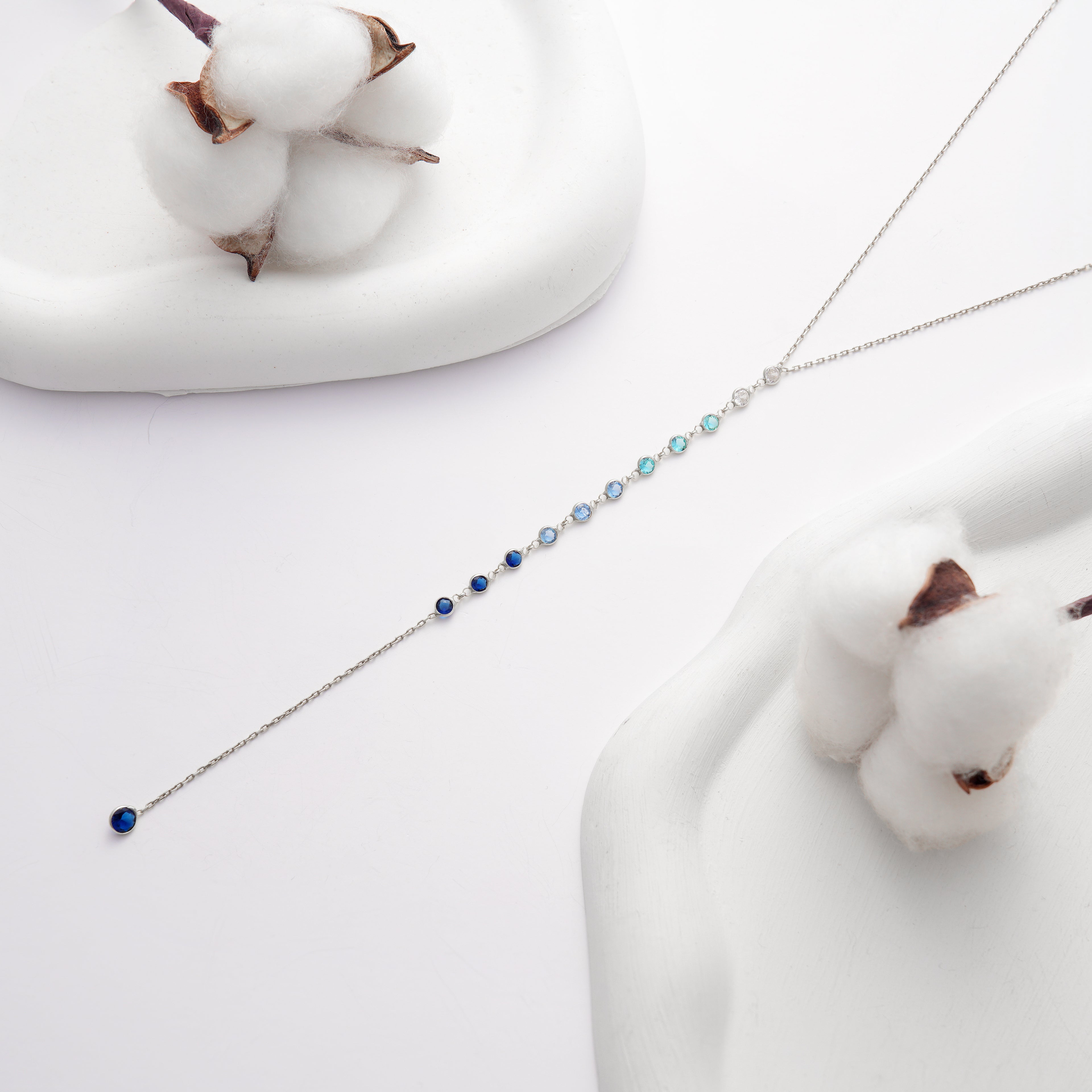 925 Sterling Silver Y Necklace, Ombre Blue to Clear Color CZ Station Necklace