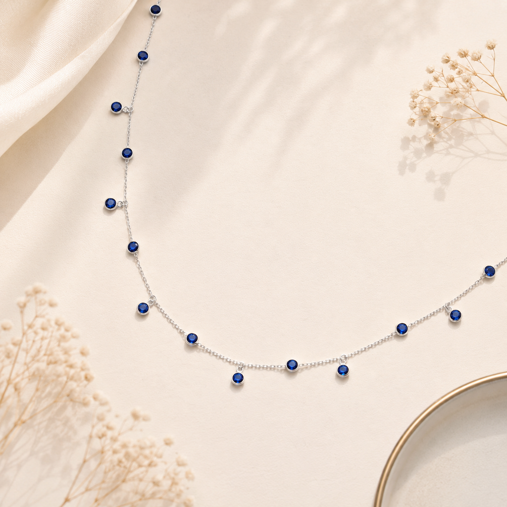 925 Sterling Silver Sapphire Blue CZ Dainty Drop Necklace | Minimalist Station Necklace