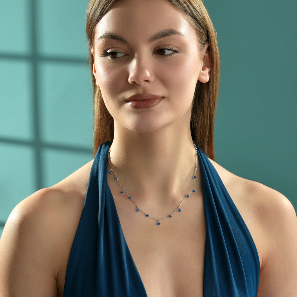 925 Sterling Silver Sapphire Blue CZ Dainty Drop Necklace | Minimalist Station Necklace