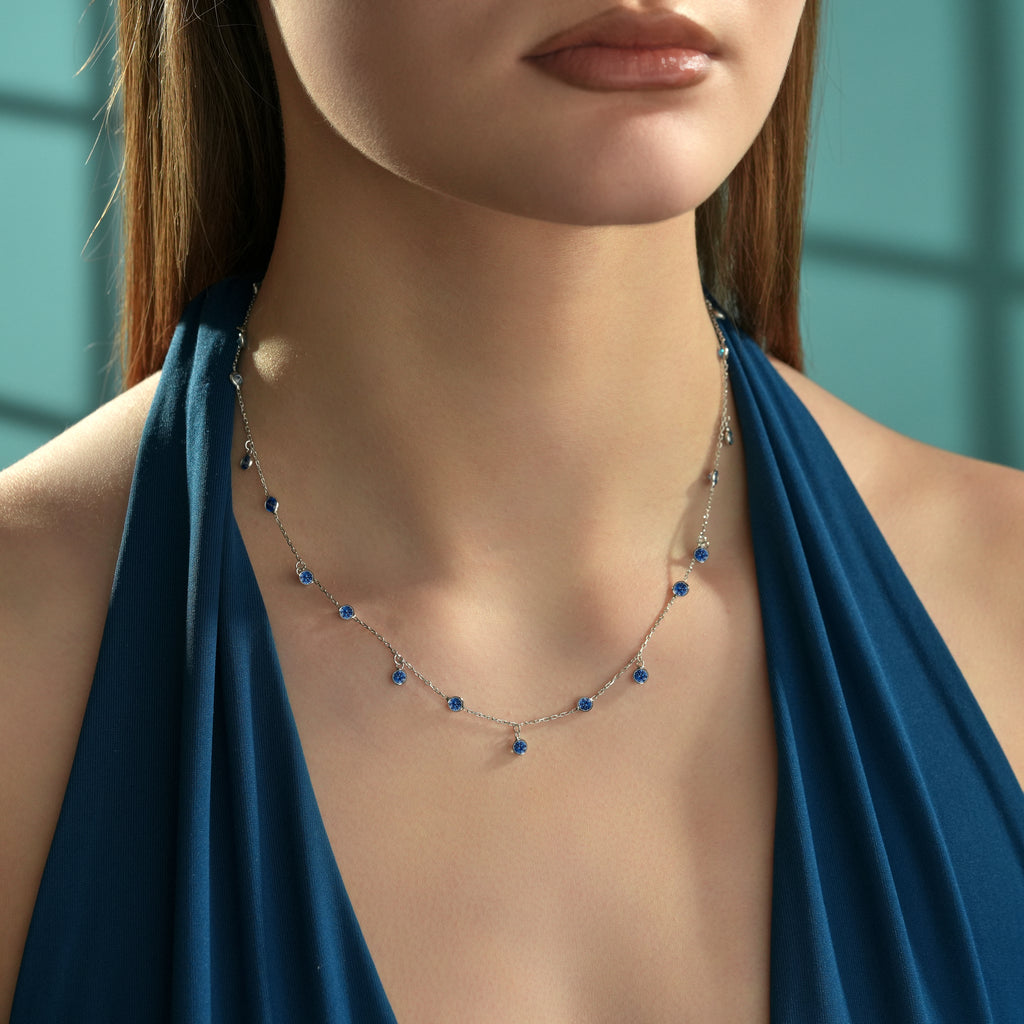 925 Sterling Silver Sapphire Blue CZ Dainty Drop Necklace | Minimalist Station Necklace
