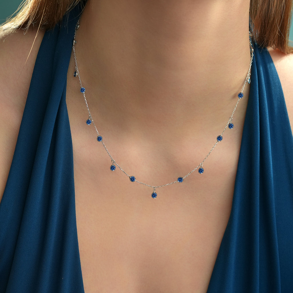 925 Sterling Silver Sapphire Blue CZ Dainty Drop Necklace | Minimalist Station Necklace