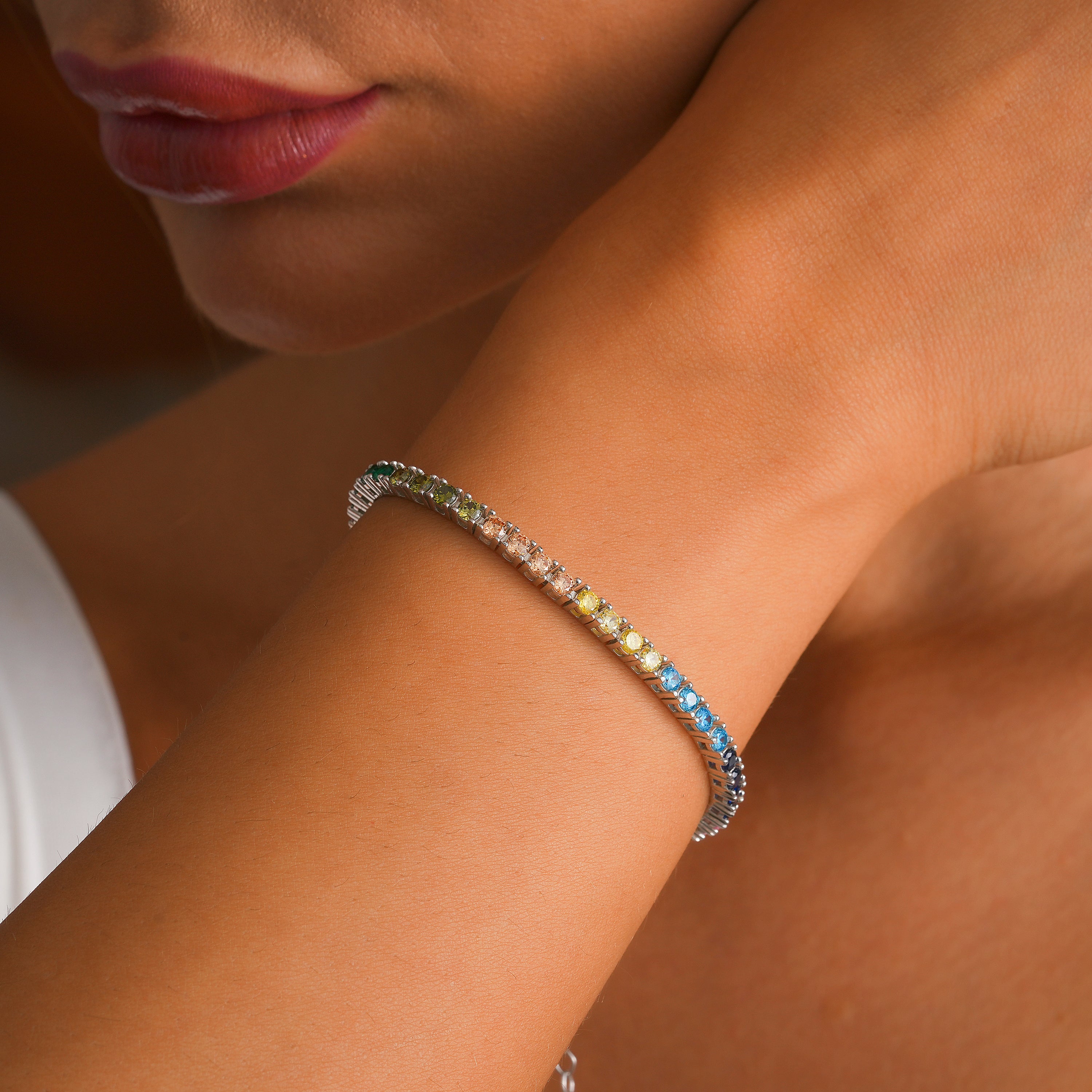 925 Sterling Silver Rainbow Color CZ Tennis Bracelet