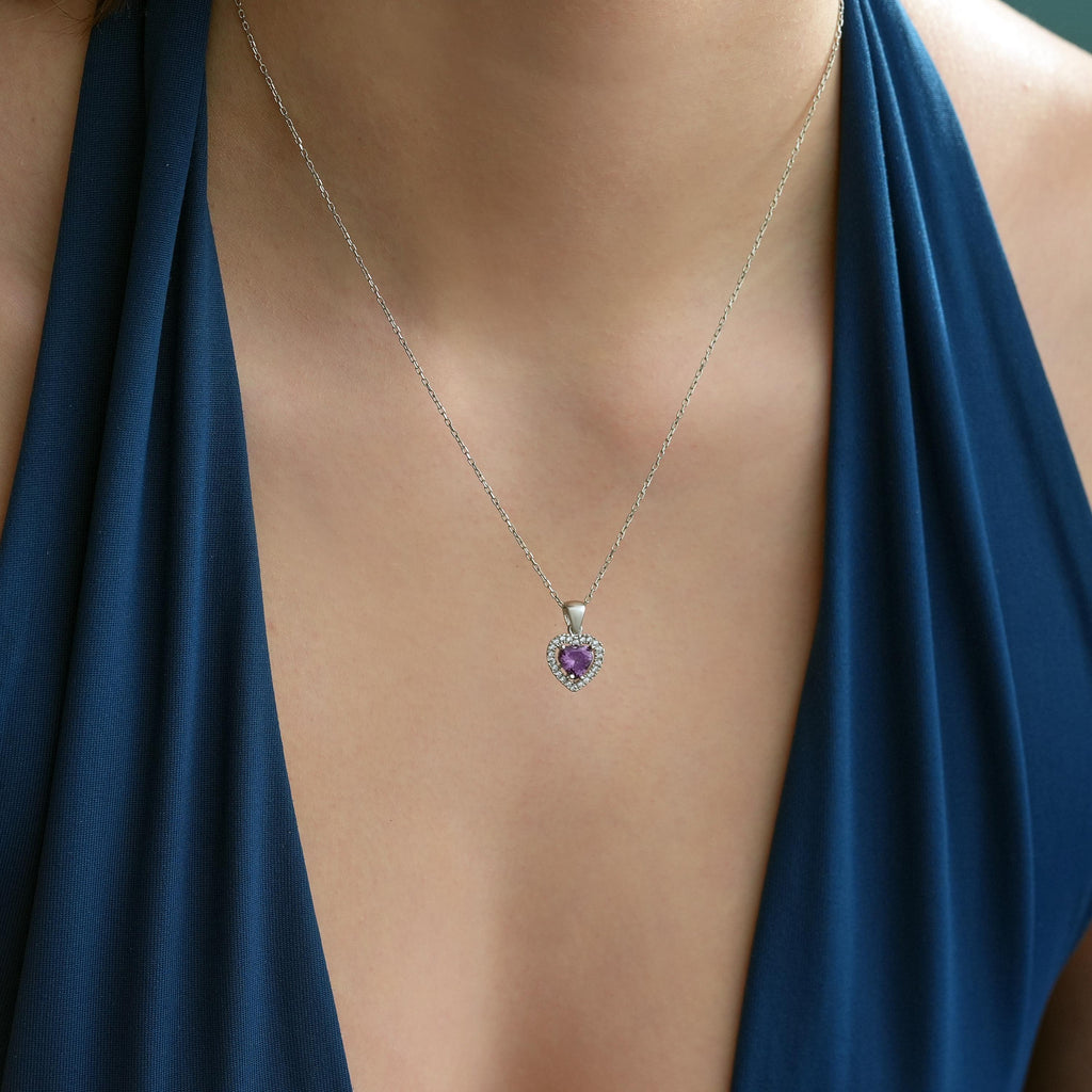 Amethyst-lila CZ-Herz-Halo-Halskette aus 925er Sterlingsilber