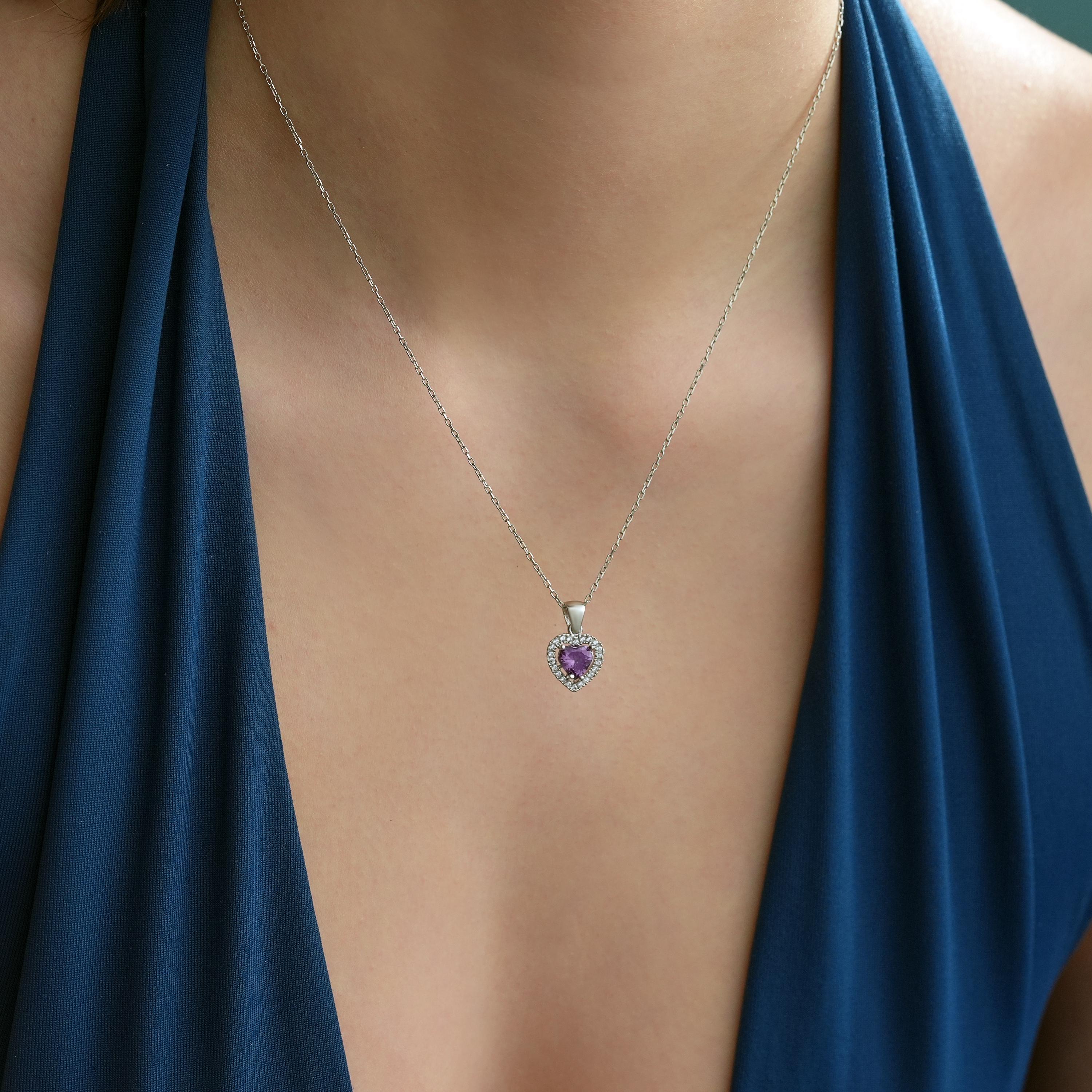 Amethyst-lila CZ-Herz-Halo-Halskette aus 925er Sterlingsilber