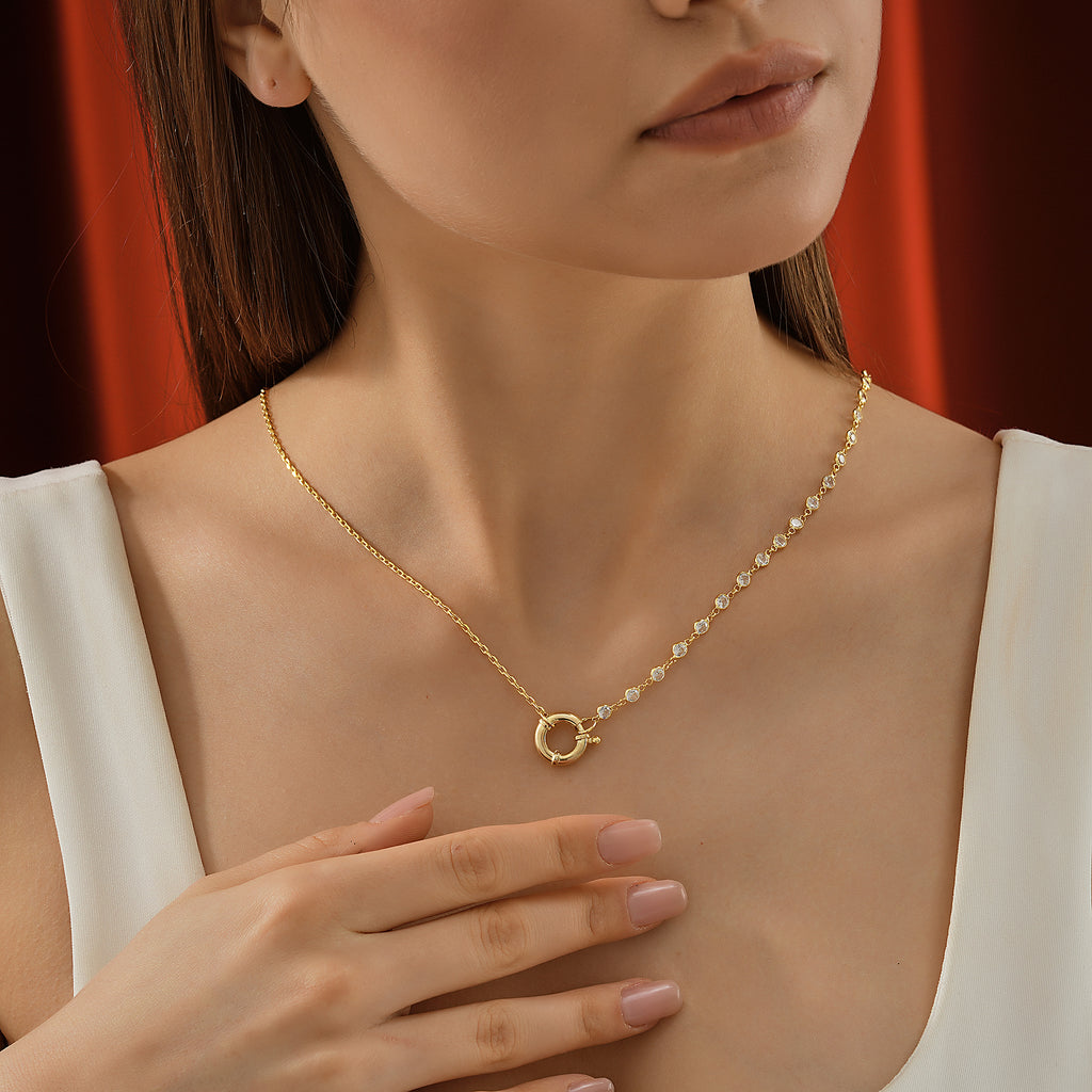 14K Gold Plated CZ Chunky Clasp Necklace in 925 Sterling Silver