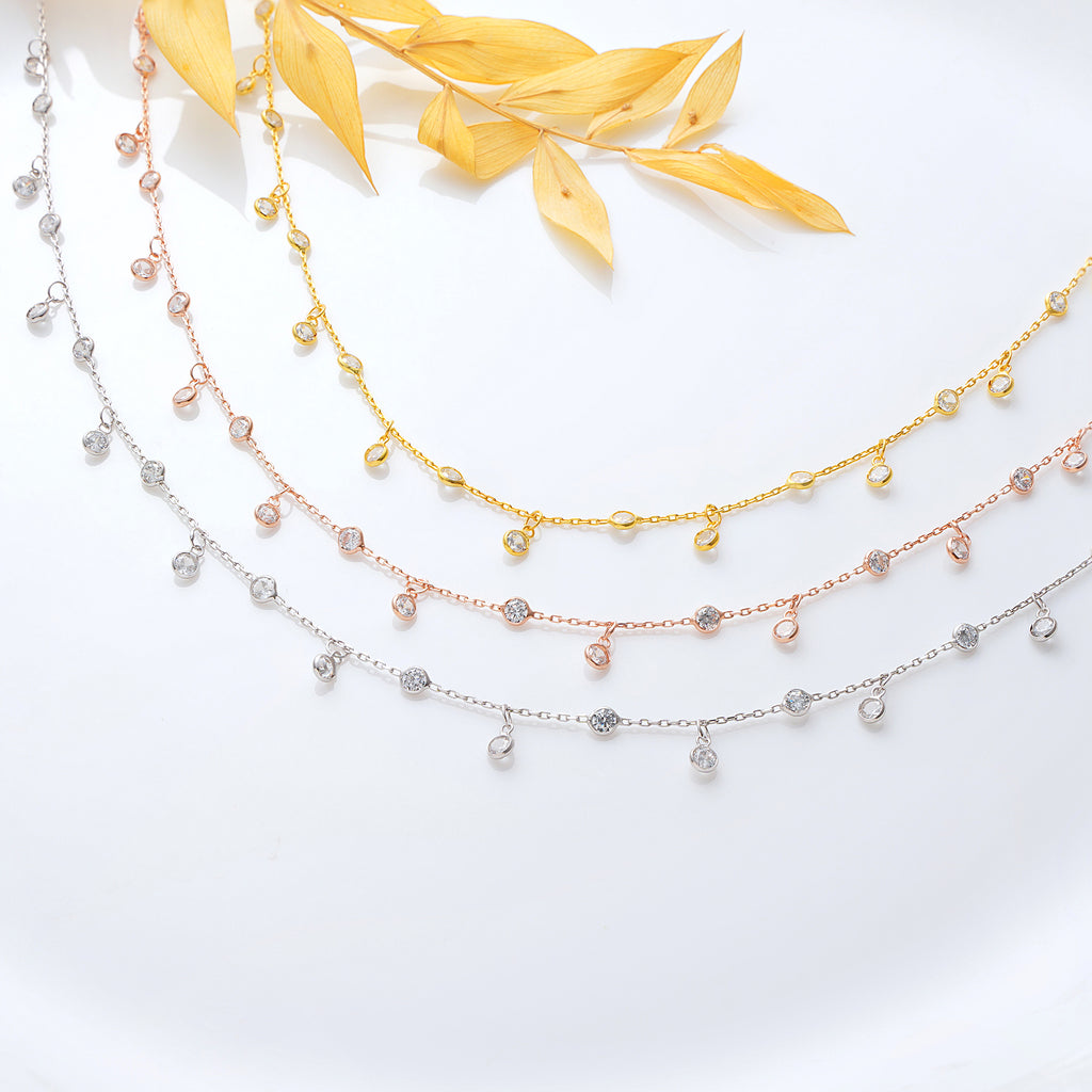 14K Gold Plated Dainty Dangle Choker, Clear Color CZ Droplet Necklace, 925 Sterling Silver