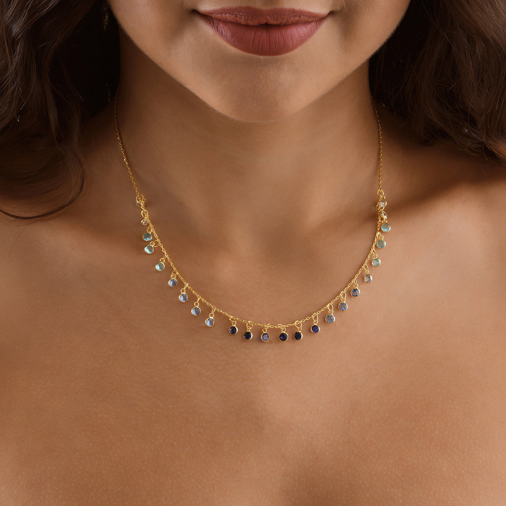 14K Gold Plated Dangle Choker Necklace, Blue Ombre Color CZ, 925 Sterling Silver – Something Blue Wedding Necklace