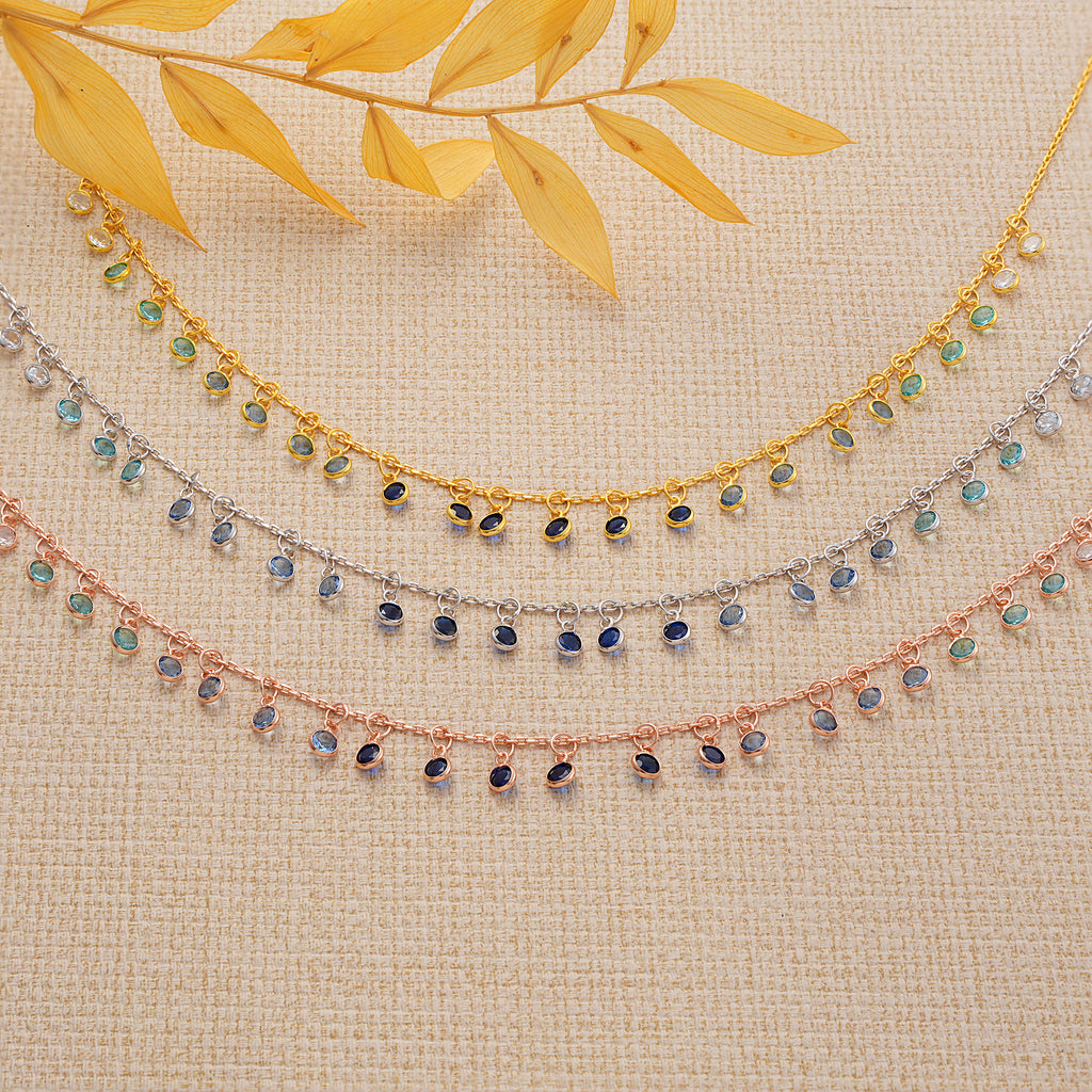 14K Gold Plated Dangle Choker Necklace, Blue Ombre Color CZ, 925 Sterling Silver – Something Blue Wedding Necklace