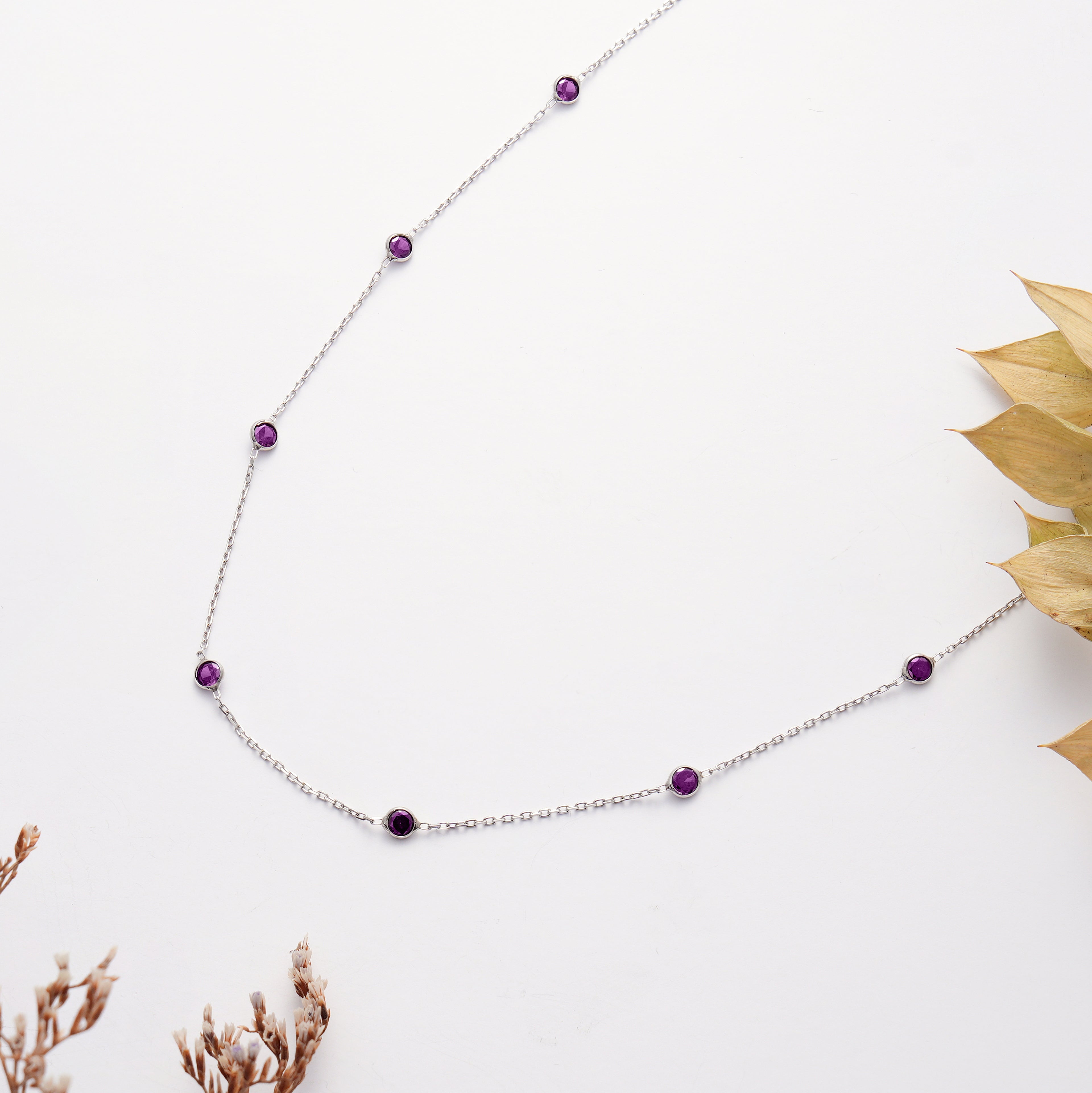 Amethyst Purple CZ Station Necklace – 925 Sterling Silver