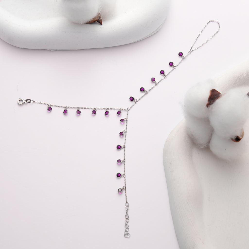 925 Sterling Silver Hand Chain Bracelet, Amethyst Color CZ Charm Ring Bracelet