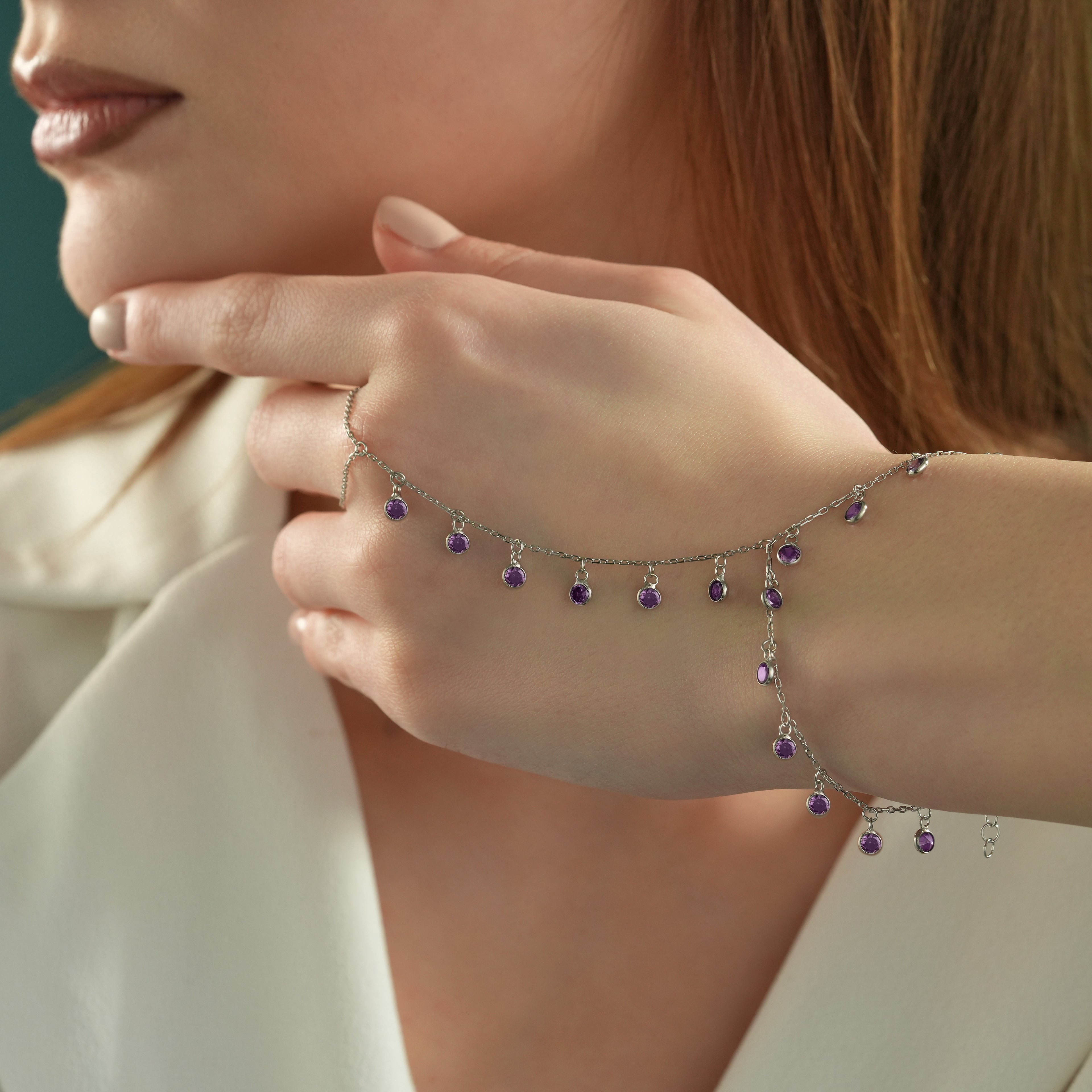 925 Sterling Silver Hand Chain Bracelet, Amethyst Color CZ Charm Ring Bracelet