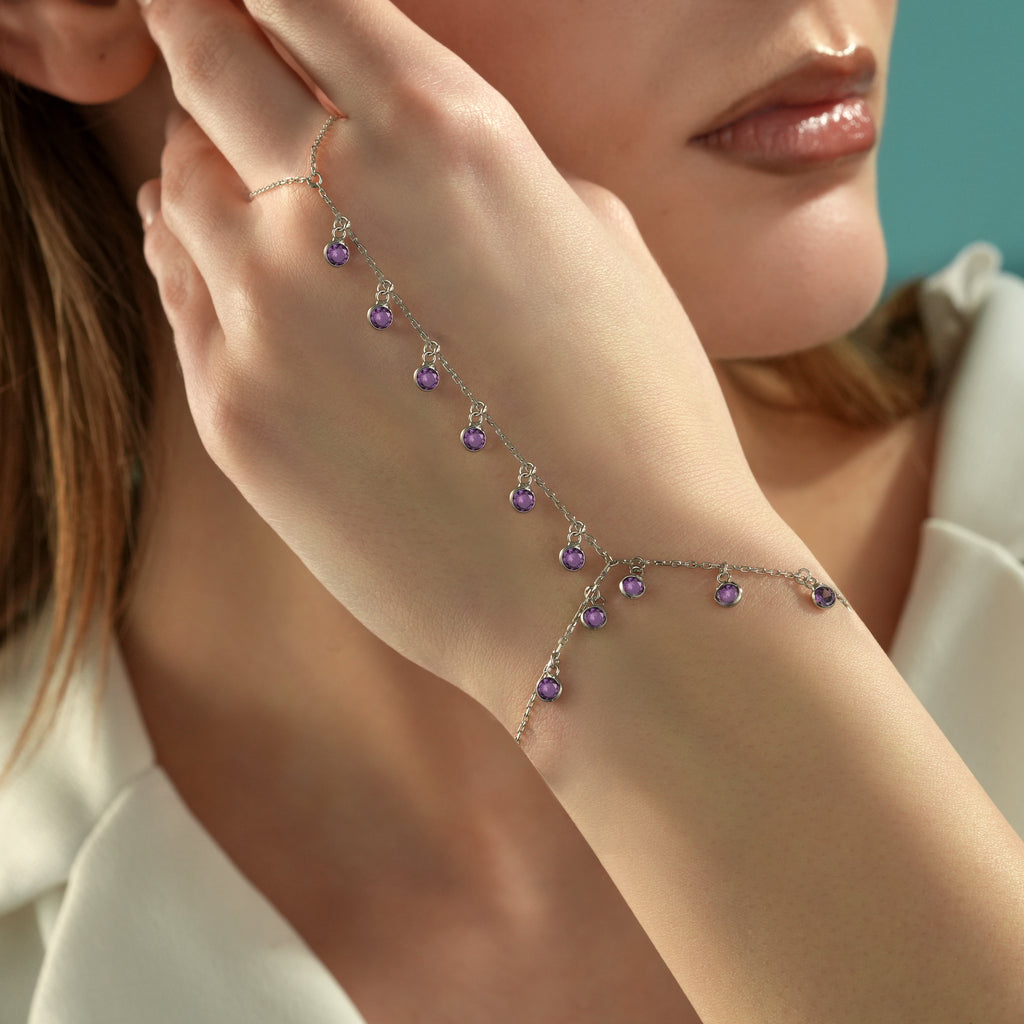 925 Sterling Silver Hand Chain Bracelet, Amethyst Color CZ Charm Ring Bracelet