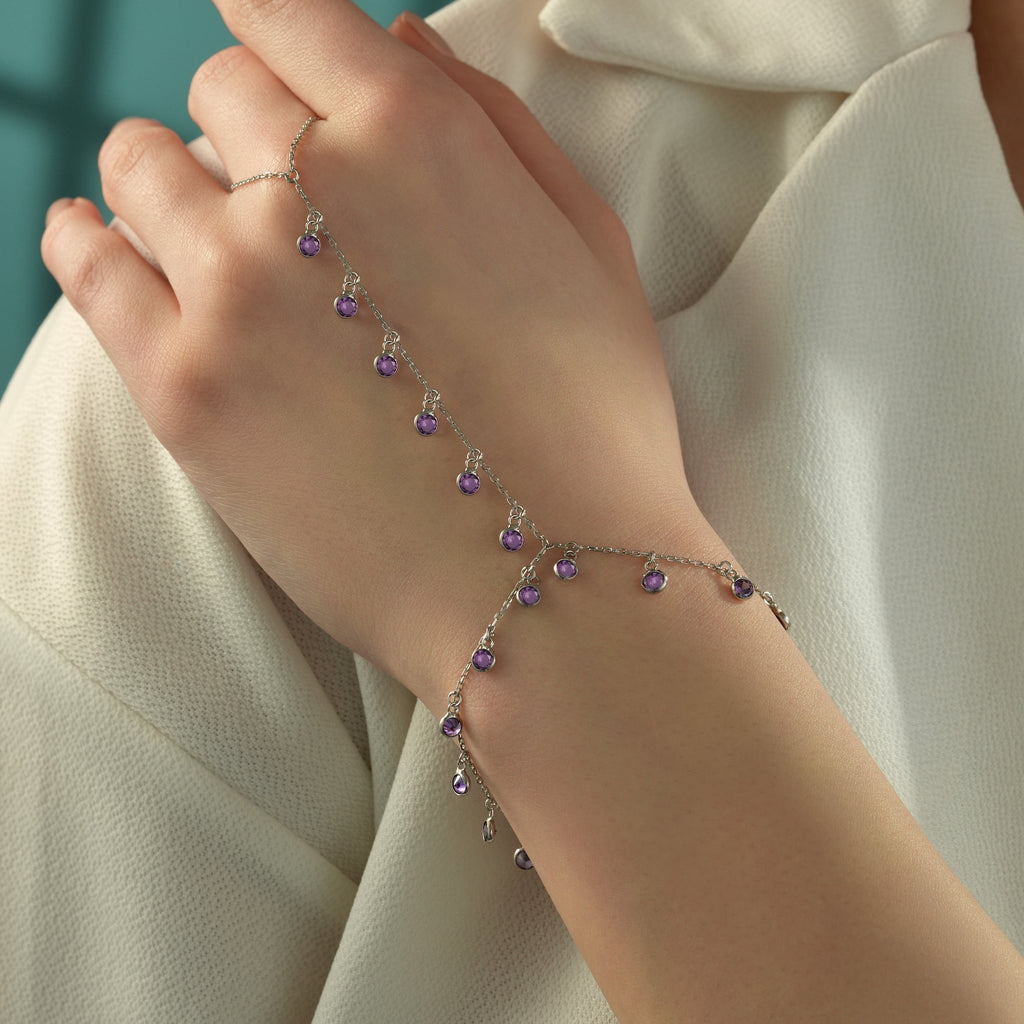 925 Sterling Silver Hand Chain Bracelet, Amethyst Color CZ Charm Ring Bracelet