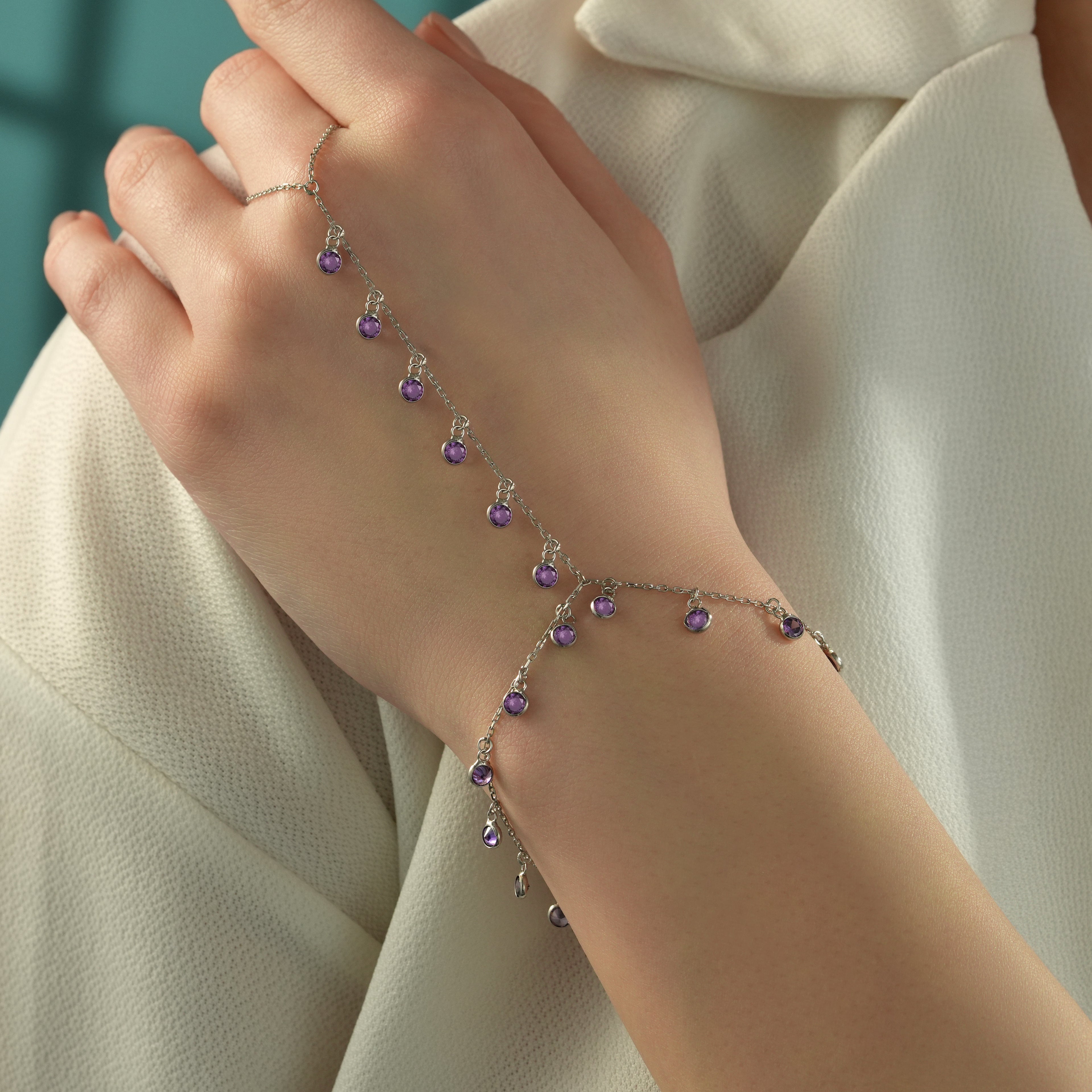 925 Sterling Silver Hand Chain Bracelet, Amethyst Color CZ Charm Ring Bracelet