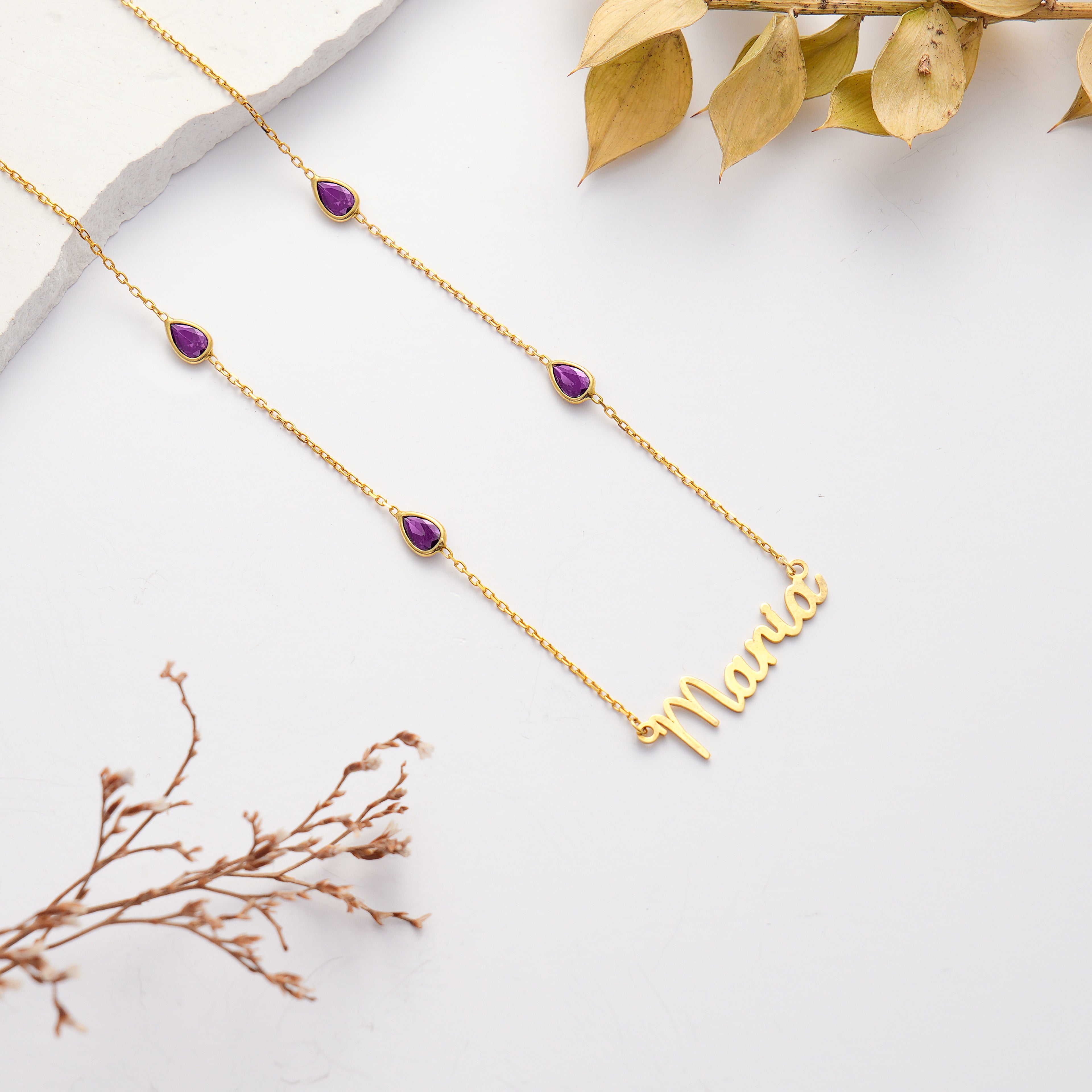 14K Gold Plated Custom Name Necklace, Personalized Script Necklace with Emerald Color CZ, 925 Sterling Silver