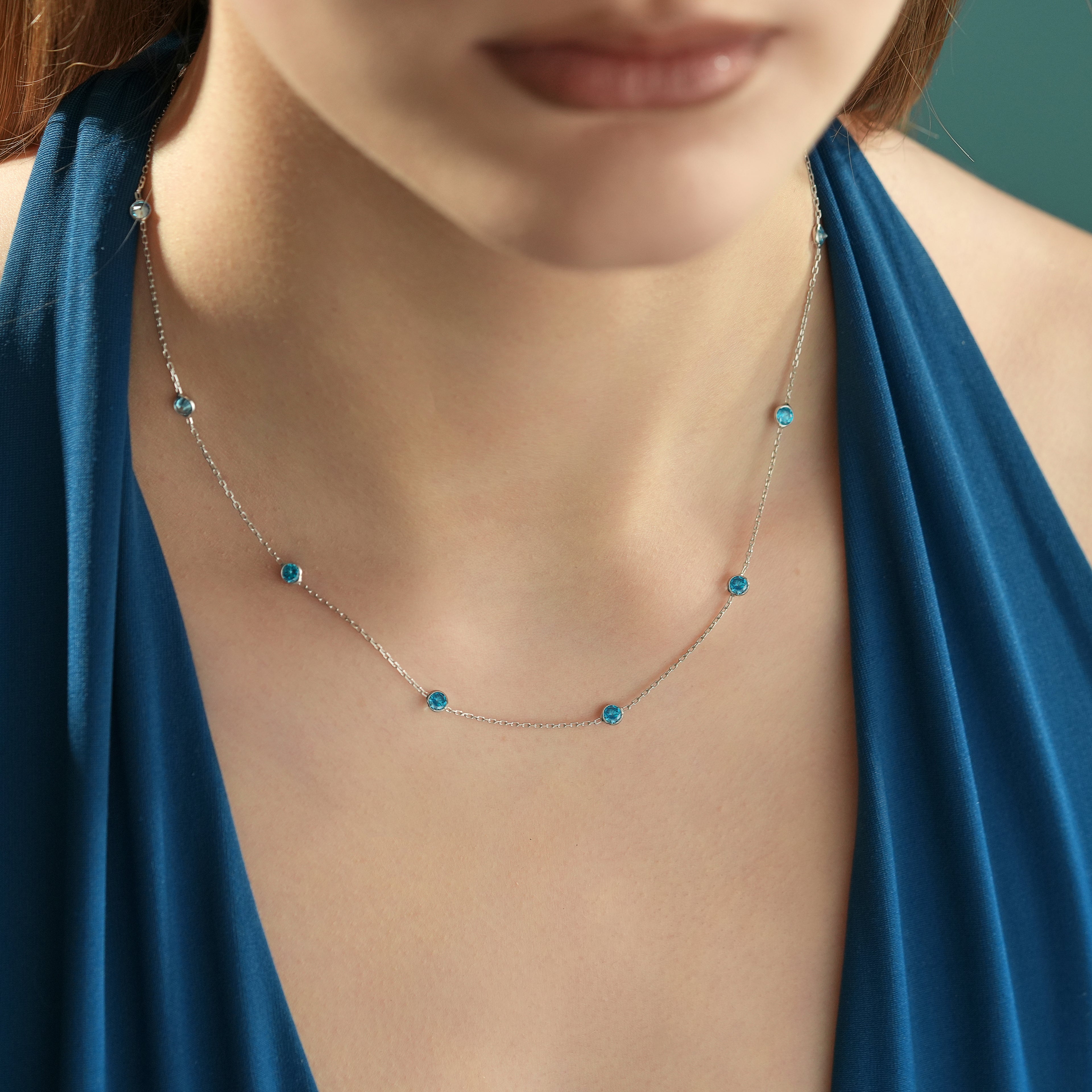 925 Sterling Silver Aquamarine Color CZ Station Necklace