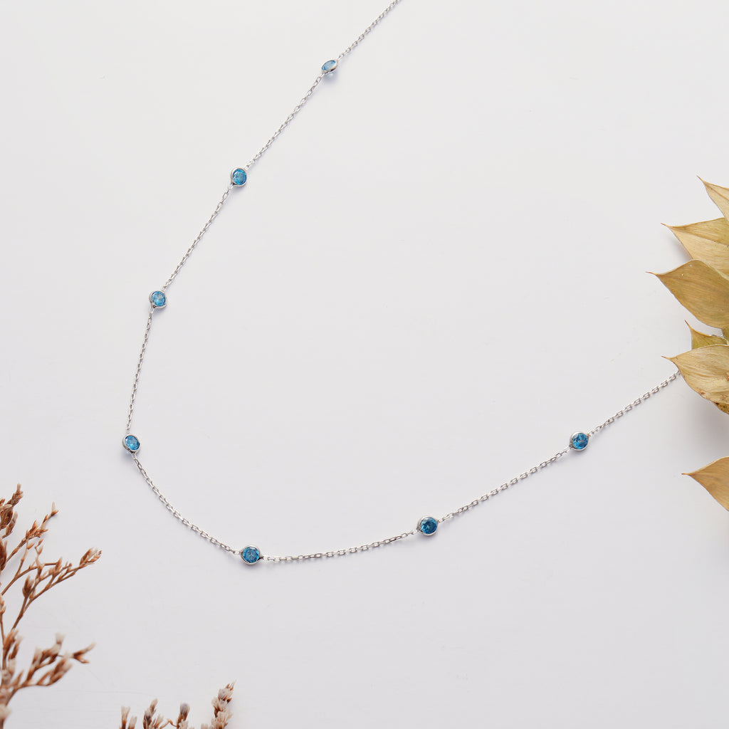 925 Sterling Silver Aquamarine Color CZ Station Necklace