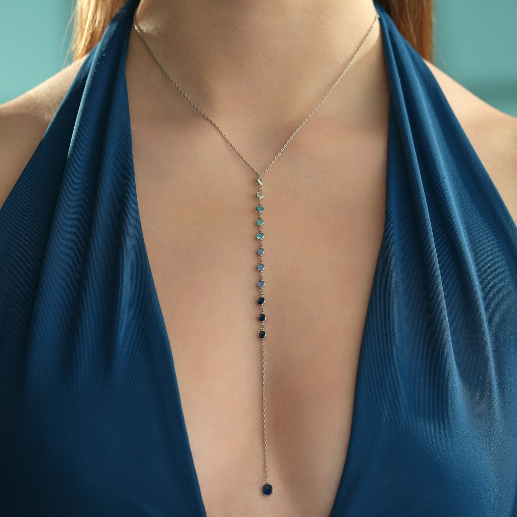 925 Sterling Silver Y Necklace, Ombre Blue to Clear Color CZ Station Necklace
