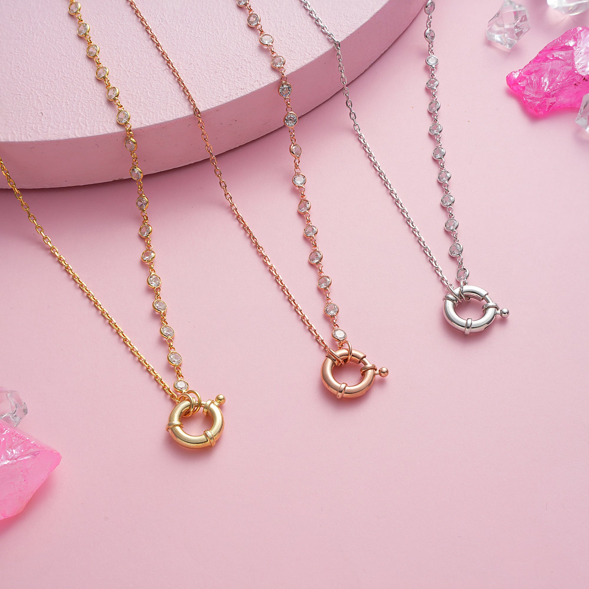 14K Gold Plated CZ Chunky Clasp Necklace in 925 Sterling Silver