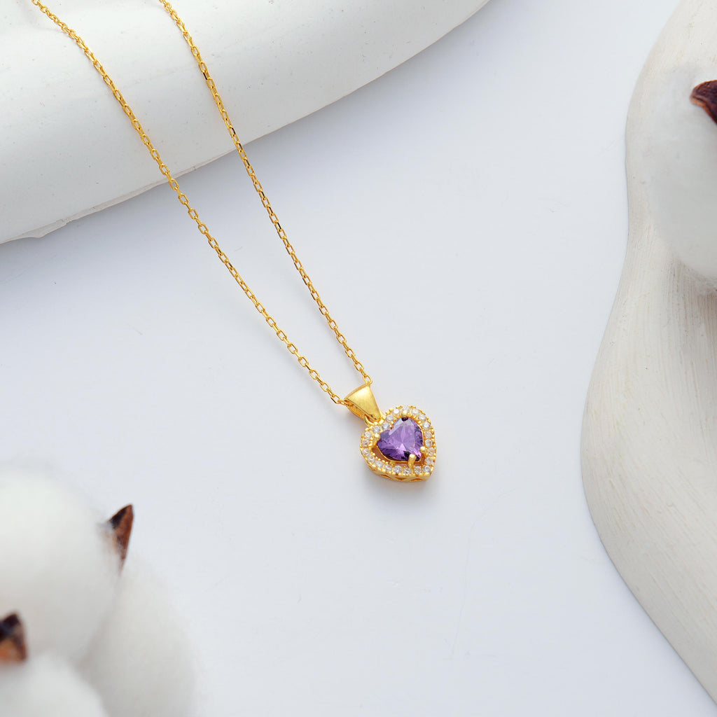 Amethyst-lila CZ-Herz-Halo-Halskette aus 925er Sterlingsilber