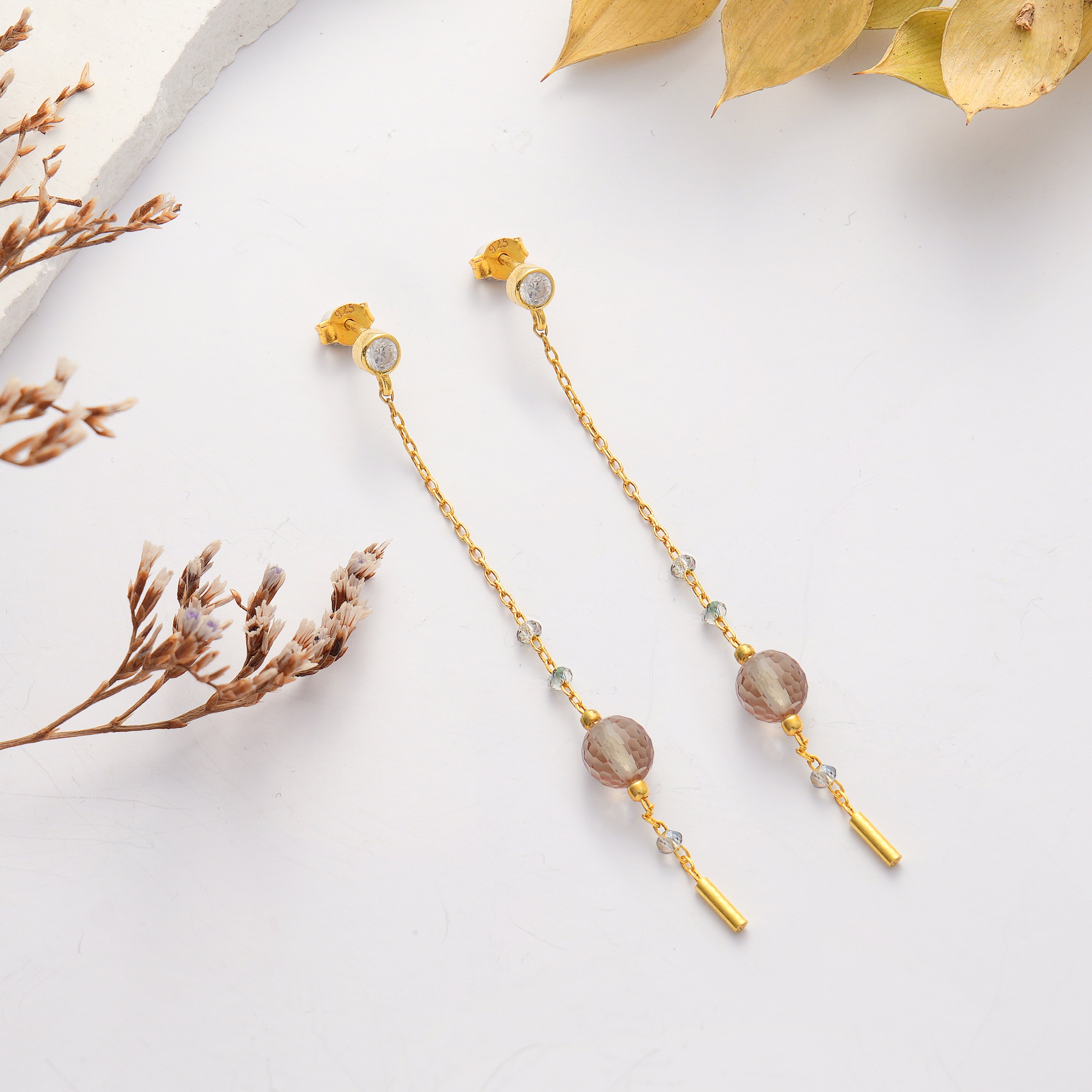 14K Gold Plated Color Changing Diaspore Long Drop Earrings in 925 Sterling Silver