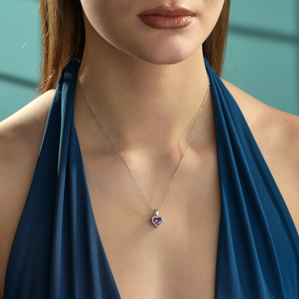 Amethyst-lila CZ-Herz-Halo-Halskette aus 925er Sterlingsilber