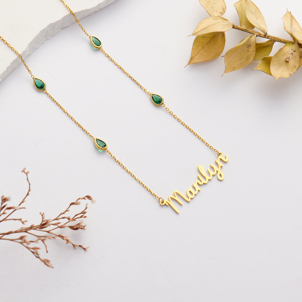 14K Gold Plated Custom Name Necklace, Personalized Script Necklace with Emerald Color CZ, 925 Sterling Silver