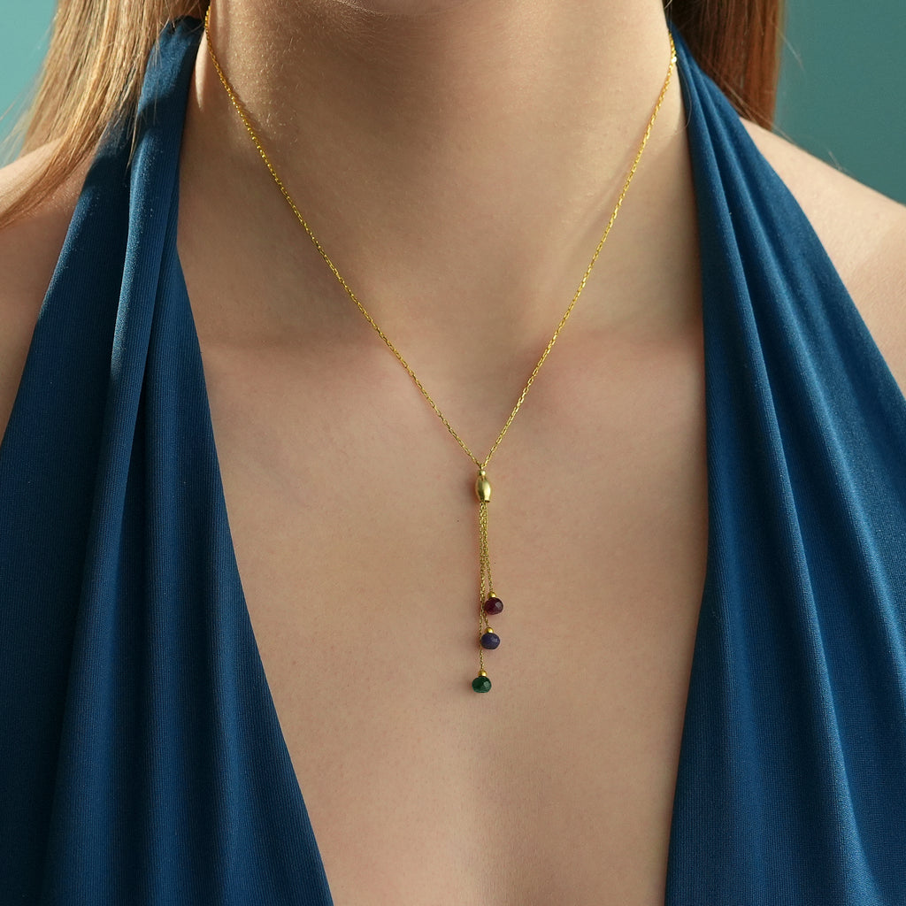 14K Gold Plated Lariat Necklace, Natural Ruby Amethyst Emerald Drop Necklace, 925 Sterling Silver