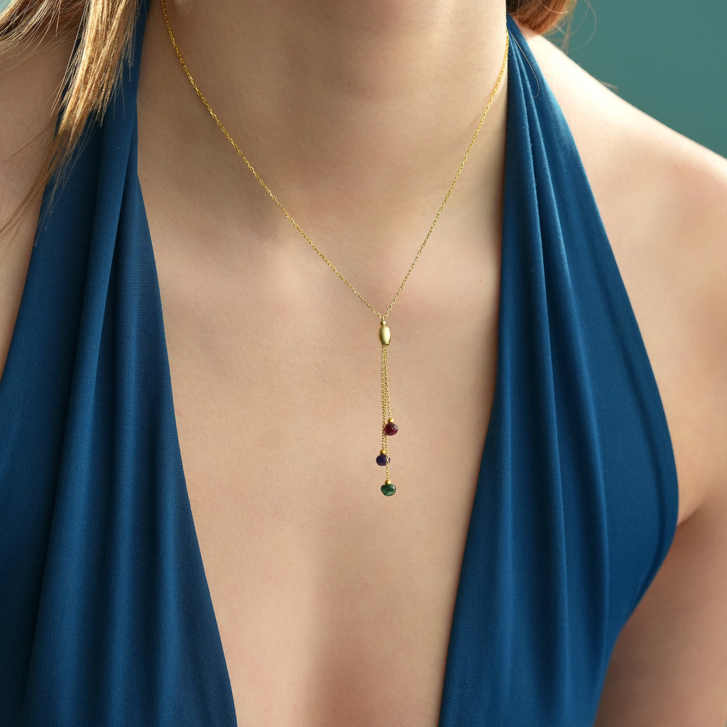 14K Gold Plated Lariat Necklace, Natural Ruby Amethyst Emerald Drop Necklace, 925 Sterling Silver