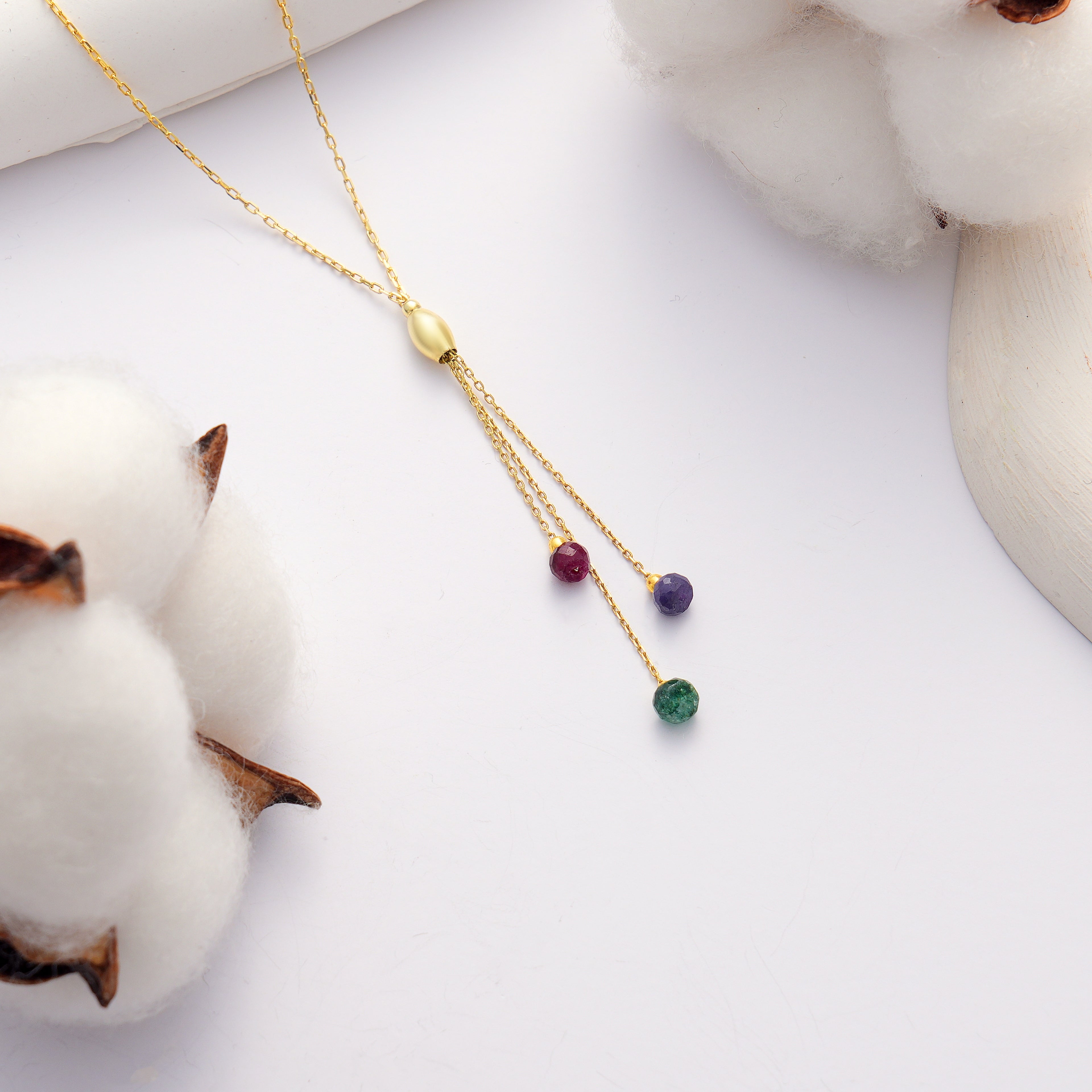 14K Gold Plated Lariat Necklace, Natural Ruby Amethyst Emerald Drop Necklace, 925 Sterling Silver