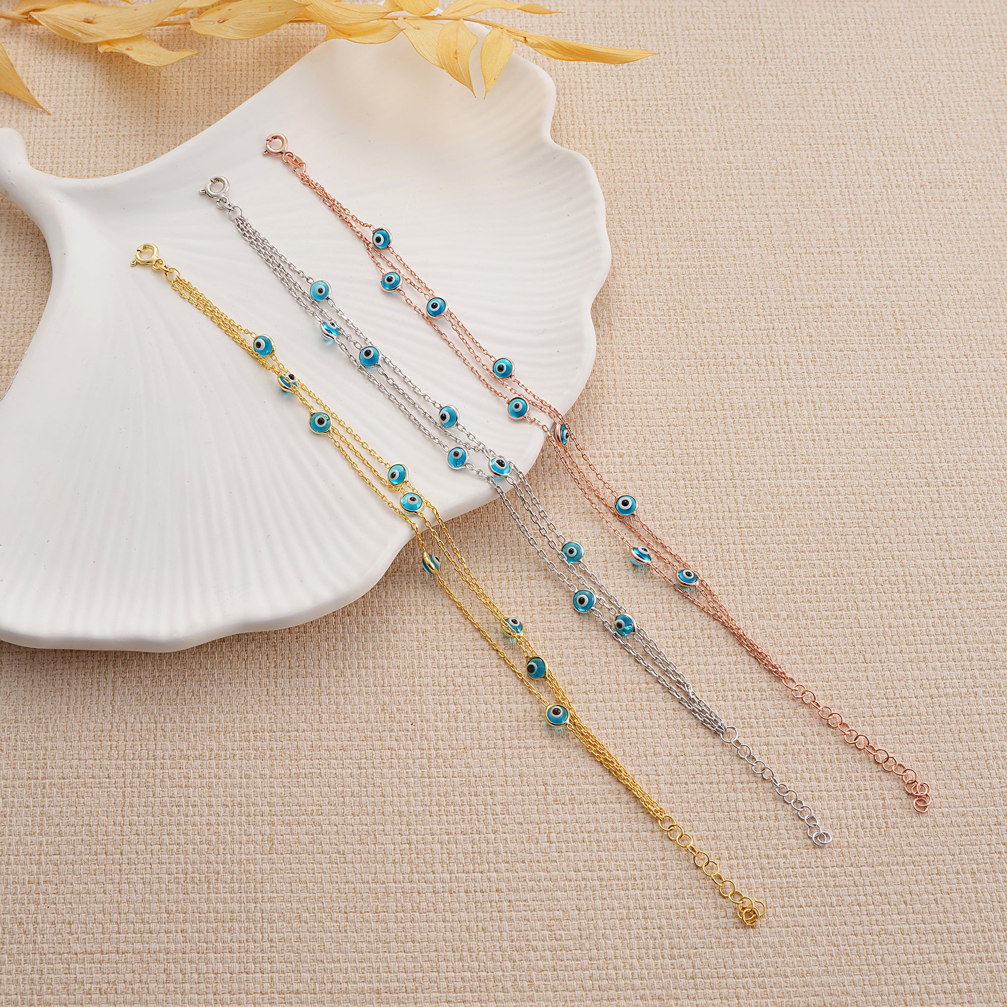 14K Gold Plated Evil Eye Bracelet, Double Layer Nazar Bracelet, 925 Sterling Silver