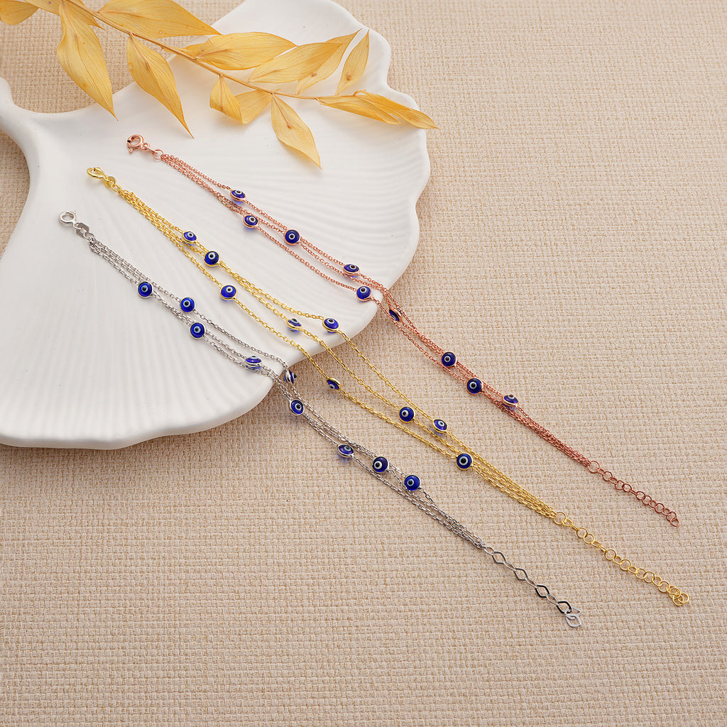 14K Gold Plated Navy Blue Evil Eye Chain Bracelet in 925 Sterling Silver