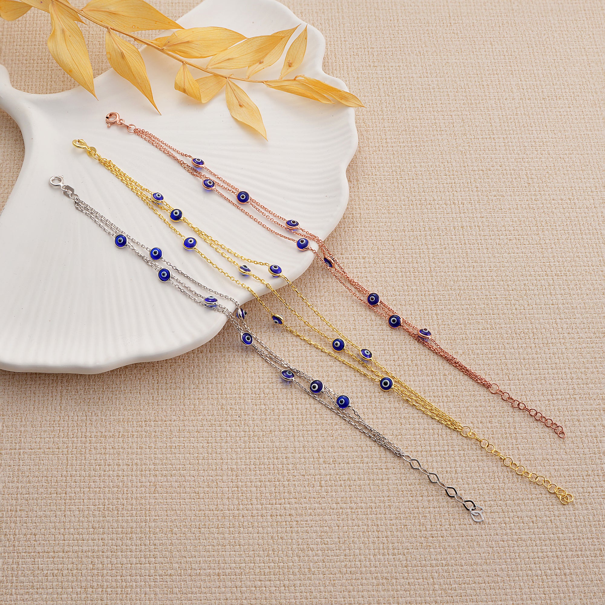 14K Gold Plated Navy Blue Evil Eye Chain Bracelet in 925 Sterling Silver