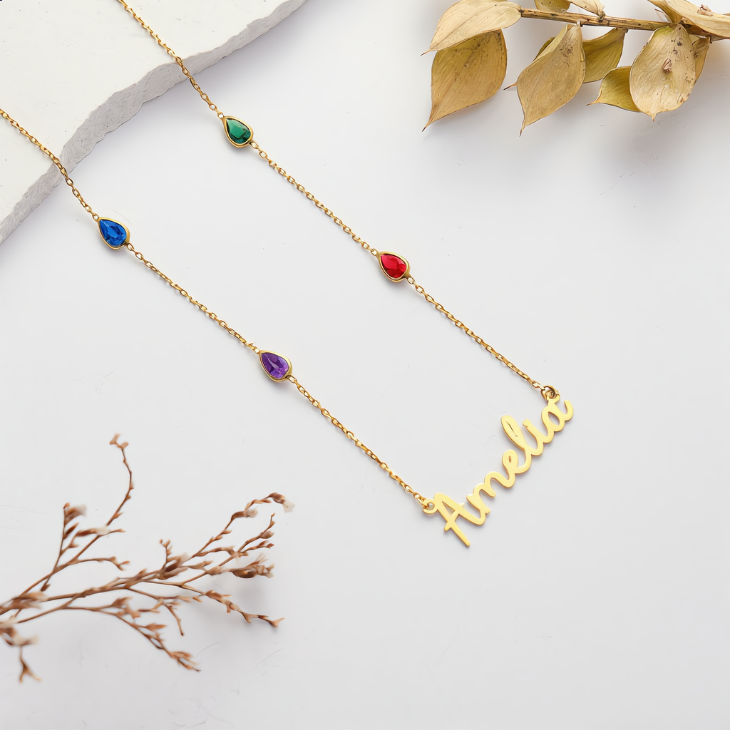 14K Gold Plated Custom Name Necklace, Personalized Script Necklace with Emerald Color CZ, 925 Sterling Silver
