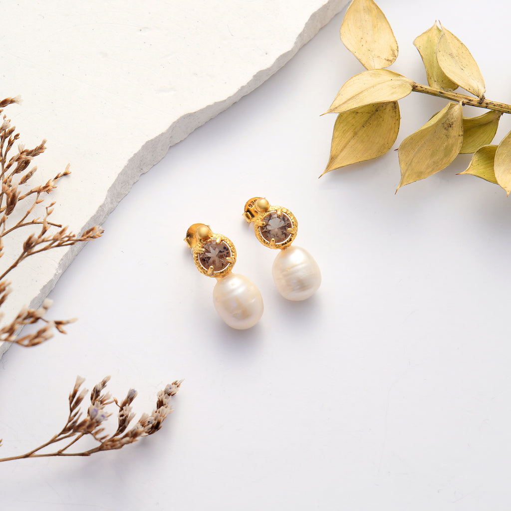 14K gold plated 925 sterling silver stud earrings featuring round natural diaspore gemstones and genuine freshwater pearl drops.