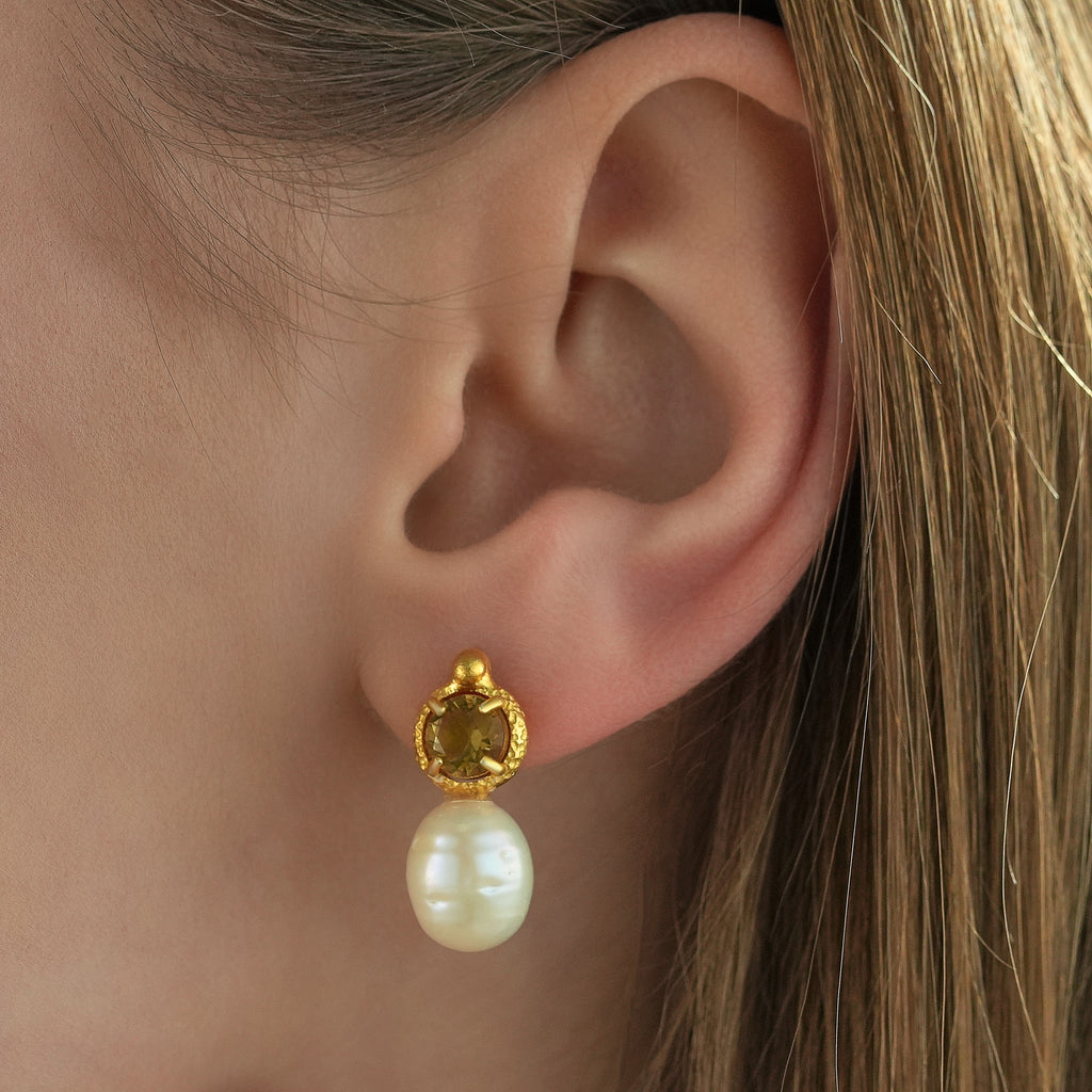 Minimalist 14K gold plated sterling silver earrings with round natural diaspore gemstones and oval freshwater pearl drop design.