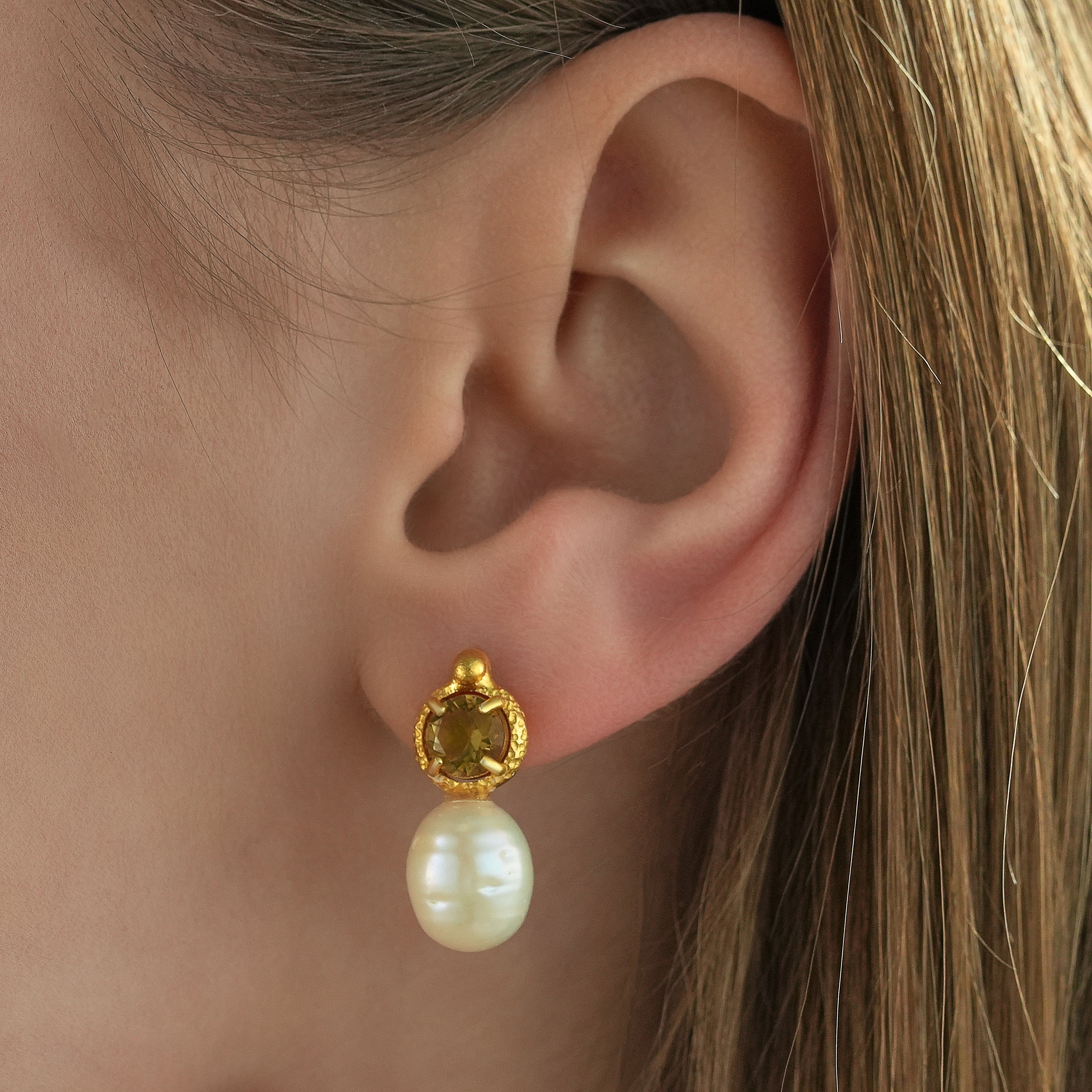 Minimalist 14K gold plated sterling silver earrings with round natural diaspore gemstones and oval freshwater pearl drop design.