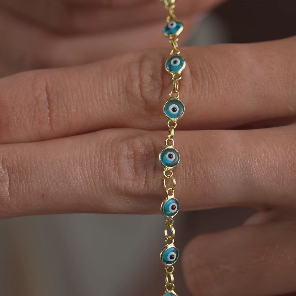 14K Gold Plated 925 Sterling Silver Light Blue Evil Eye Bracelet