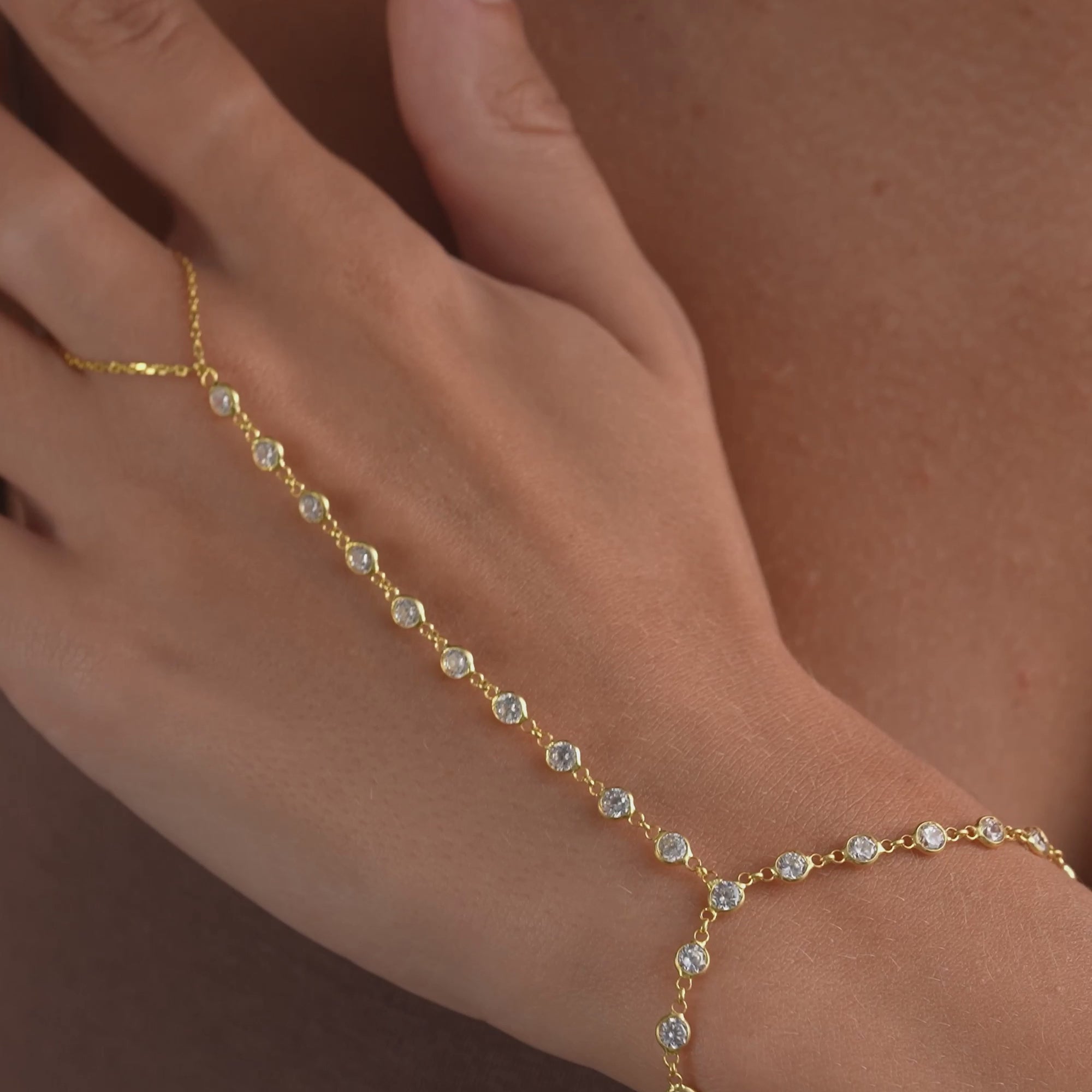 14K Gold Plated Hand Chain Bracelet, White Color CZ Tennis Style Ring Bracelet, 925 Sterling Silver