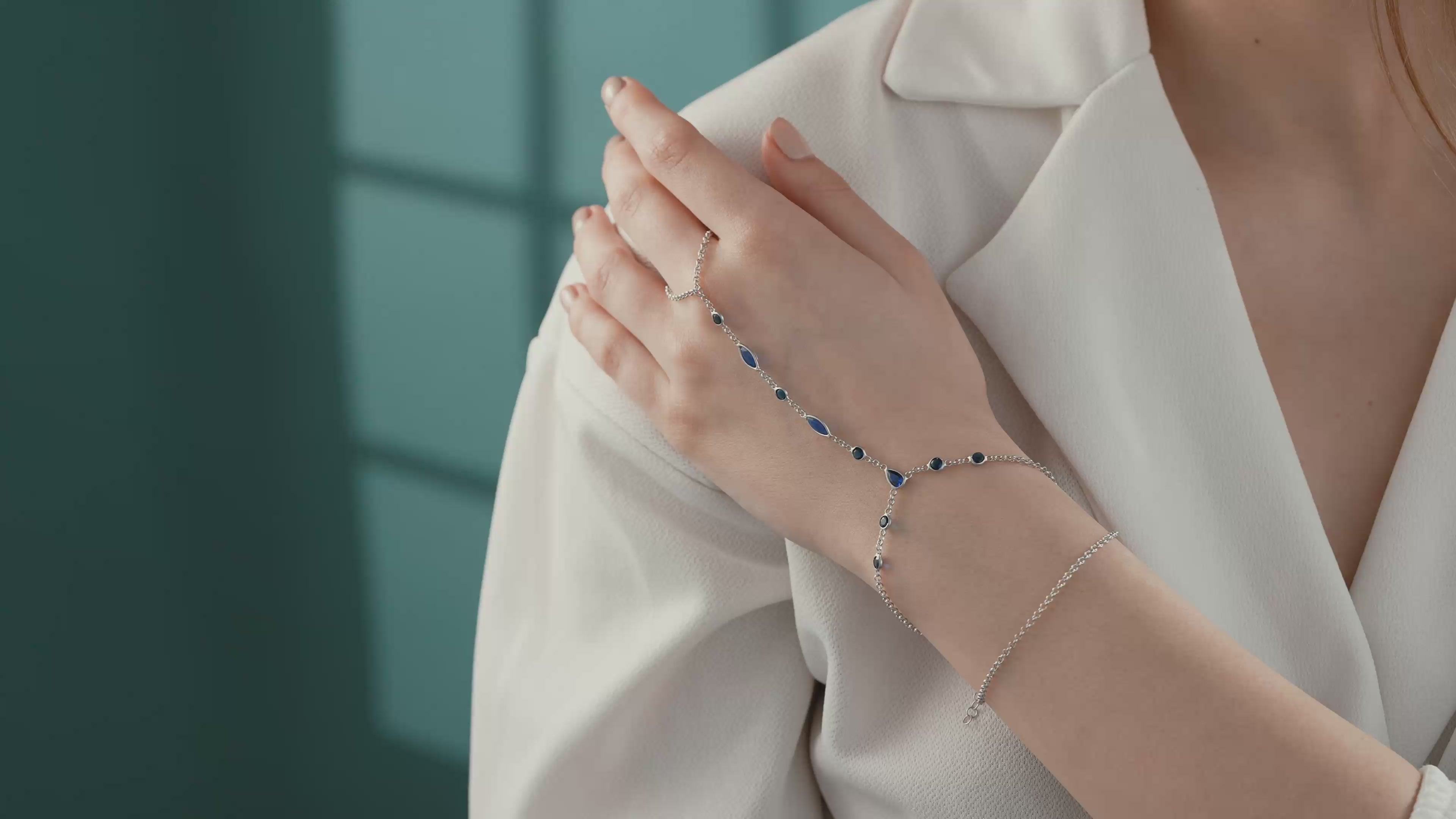 Sapphire Blue CZ Mixed Shape Hand Chain Bracelet – 925 Sterling Silver