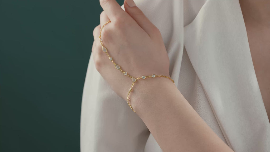 Close-Up Video of 14K Gold Plated Hand Chain Bracelet with Clear Cubic Zirconia