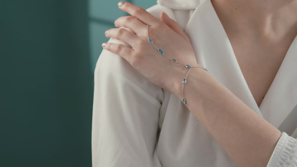 Aquamarine Blue CZ Hand Chain Bracelet – 925 Sterling Silver